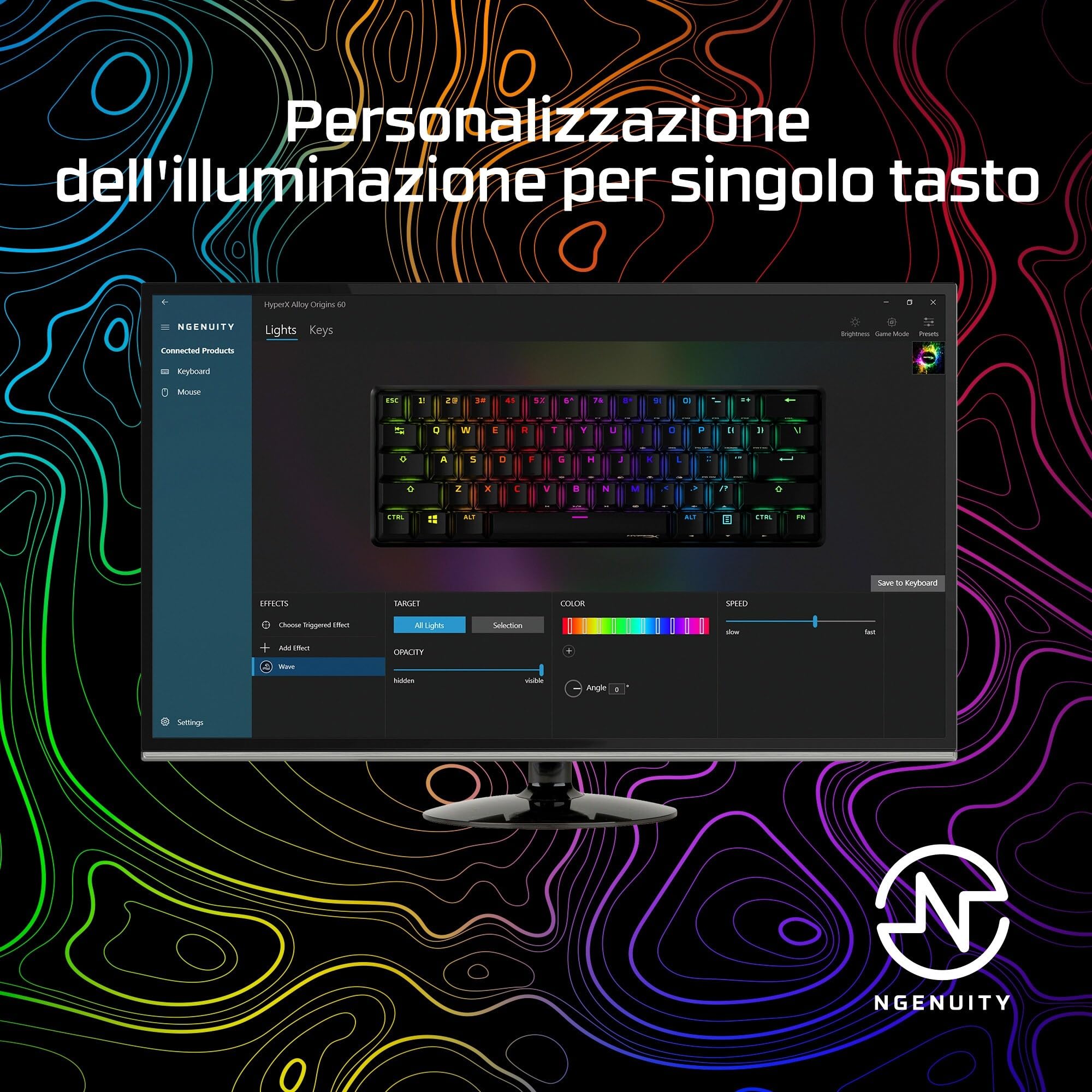 HyperX Alloy Origins 60, Tastiera Meccanica da Gaming Cablata, Illuminazione RGB, Telaio in Alluminio, 80 Milioni di Pressioni Garantite, Cavo USB-C, 3 Dispositivi Collegabili, Layout Inglese, Nera