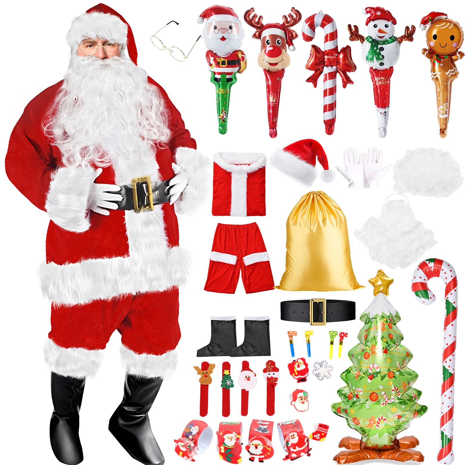 Raveparty Santa Costume Adult, Santa Claus Costume, Father Christmas Outfit Santa Suits Men with Hat Beard Gloves Christmas Bag Glasses Bells for Christmas Costume Adult (Style B, XL)