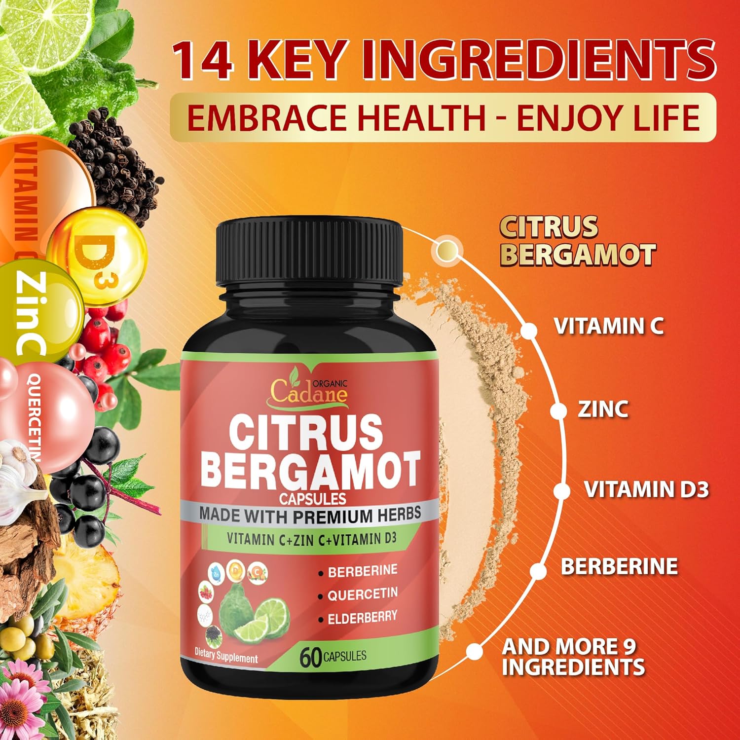 Organic Cadane Citrus Bergamot Extract Capsules & VitC, D3, Zin.C, Berberine, Quercetin, Elderberry, Bromelain, Nettle, Olive and More | Support Overall Health, Immune System, 60capsules - Image 5