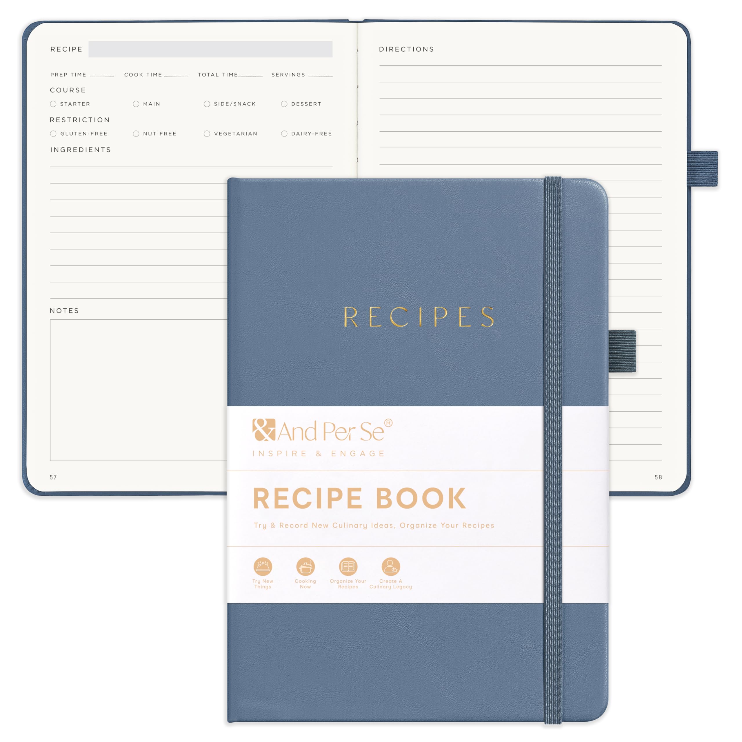 &And Per Se Libro de recetas para escribir en tus propias recetas, libro de recetas en blanco con tapa dura resistente al agua, libro de cocina vacío para organizar tus recetas, 5.7 x 8 pulgadas (azul