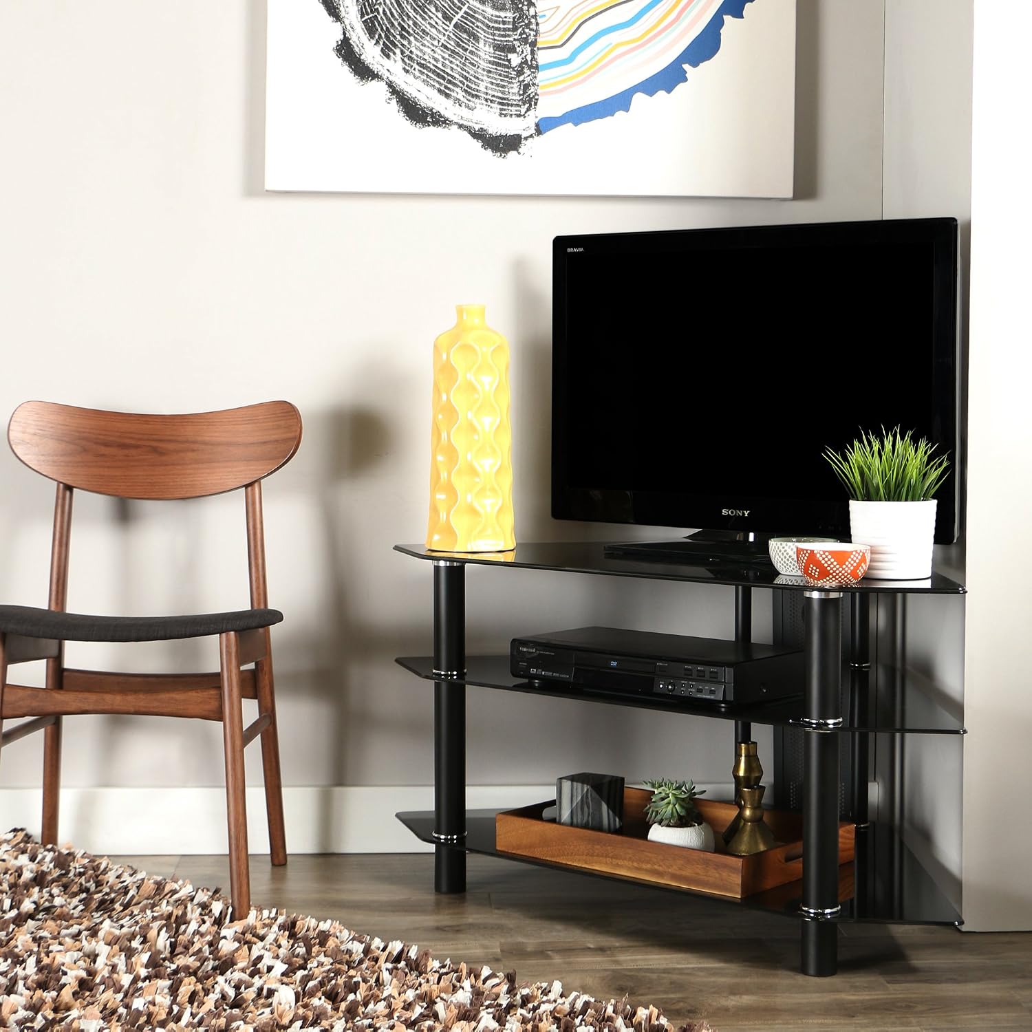Walker Edison 44" Glass Corner TV Stand, Black