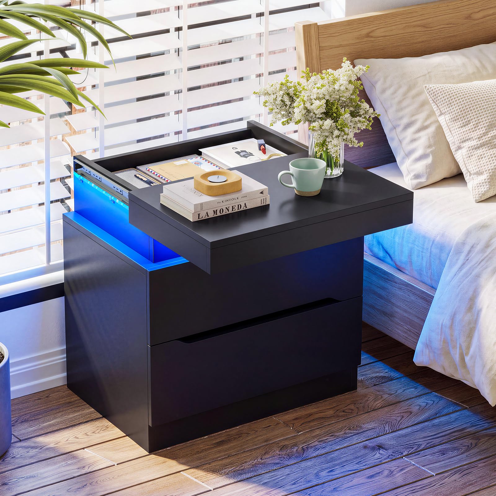 TEENFON Night Stand with 2 Drawers, Nightstand with App-Controlled Adjustable LED Light, Bedside Table with Slidable Hidden Storage Space, Modern Nightstands for Bedroom,Black