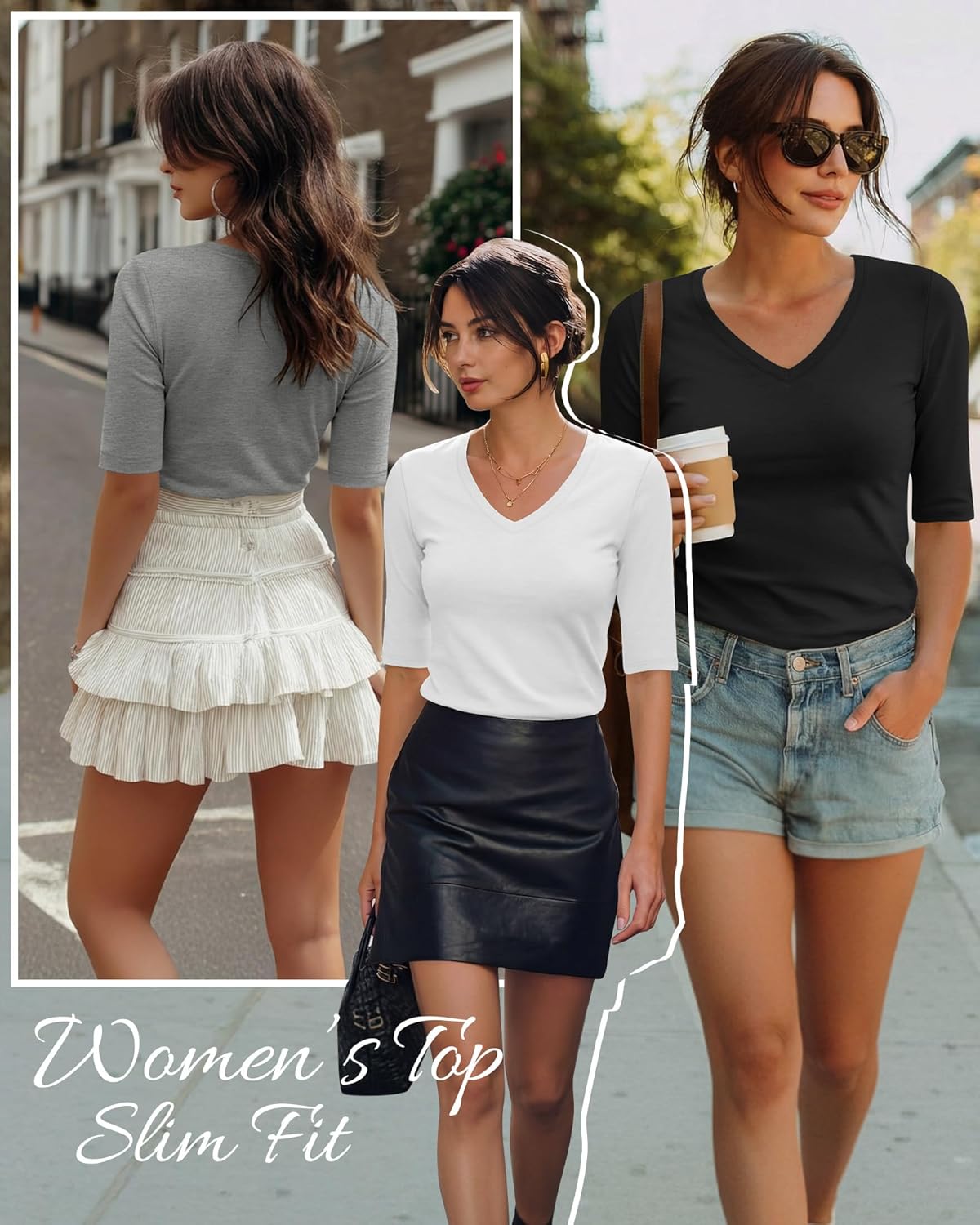 4 Pack Elbow Length Tee Shirts for Women V Neck Half Sleeve T Shirts Slim Fit 1/2 Sleeve Tops Basic Tees - Image 2