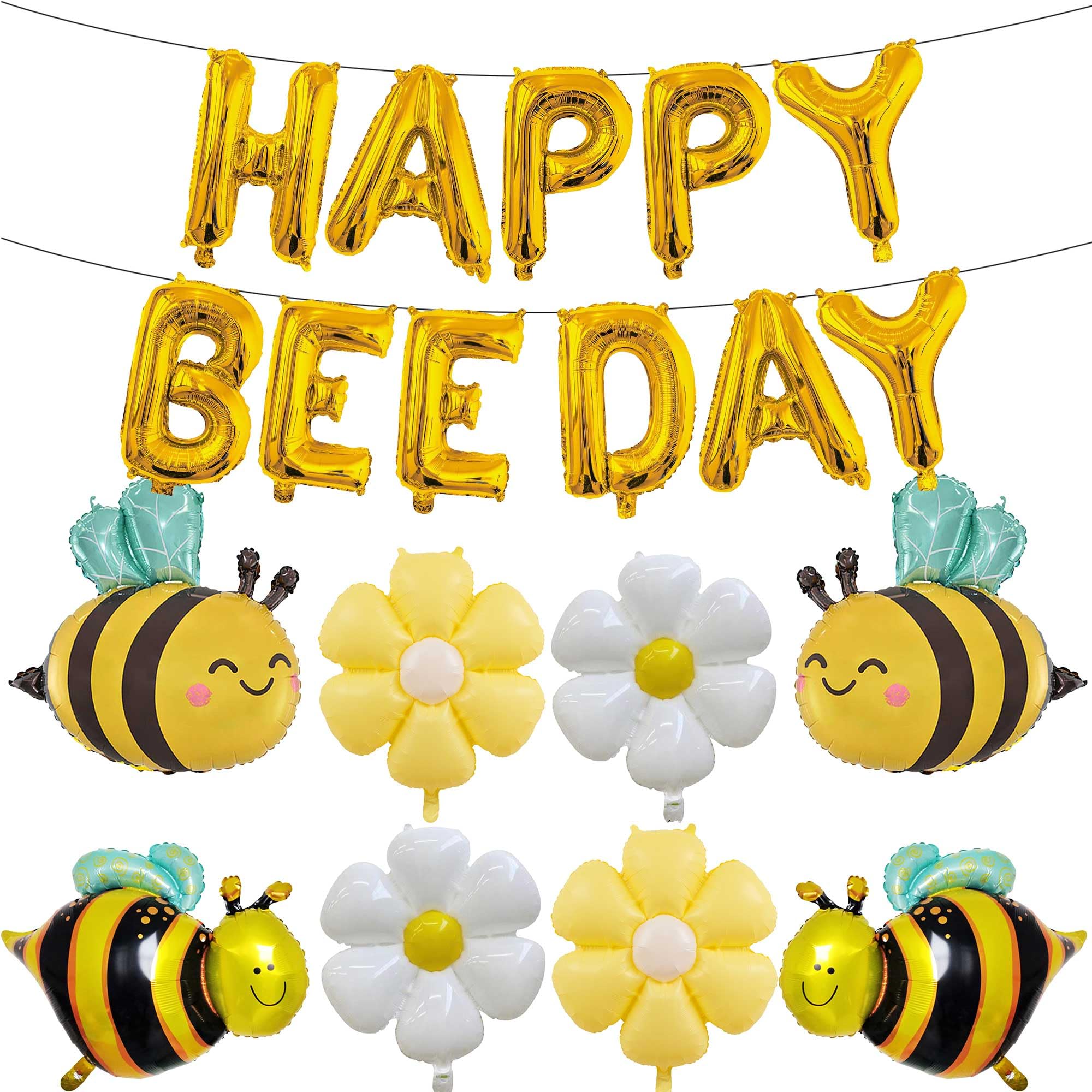 Happy Bee Day Balloons & Banner - Yellow & Daisy Mylar Foil Balloons for Boys & Girls - Bee Themed Birthday Supplies