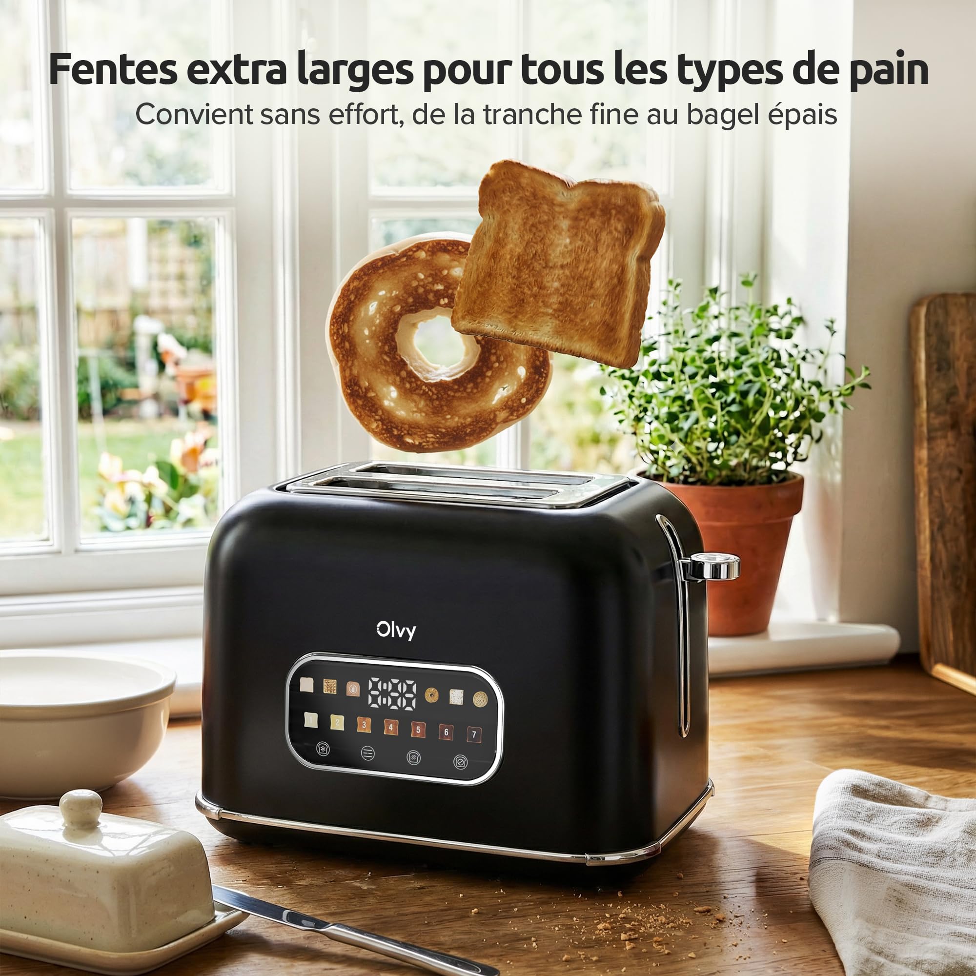 Olvy Grille-pain de luxe avec écran LCD et minuterie – Fentes extra larges (Décongeler/Réchauffer) – 7 niveaux de dorage – Black – 900 watts