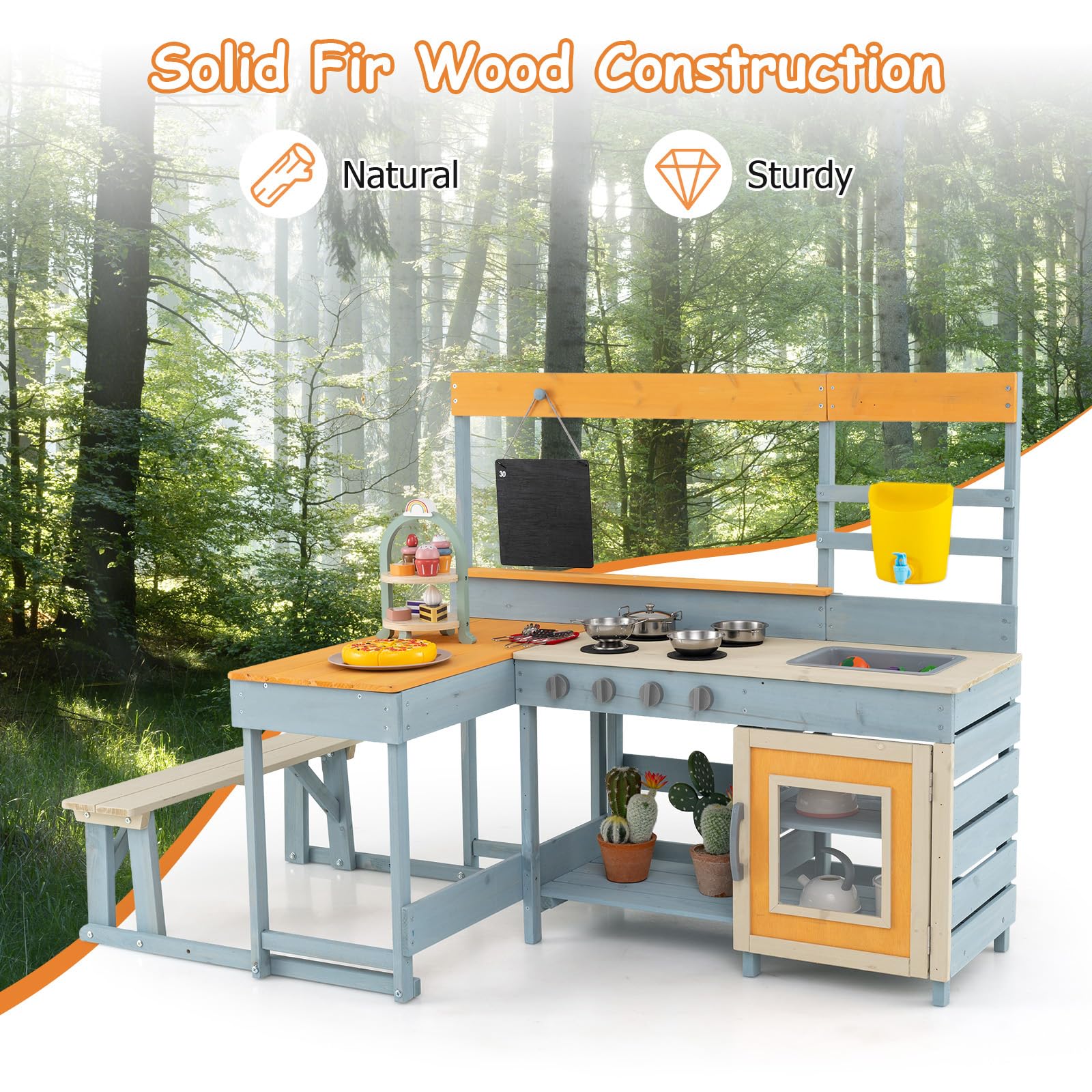 FANTASK Matschküche Kinder aus Holz, Outdoor Spielküche mit Picknicktisch & Bank, Kinderküche mit Wasserhahn, Spüle, Tafel & Zubehör, für Kinder ab 3 Jahren