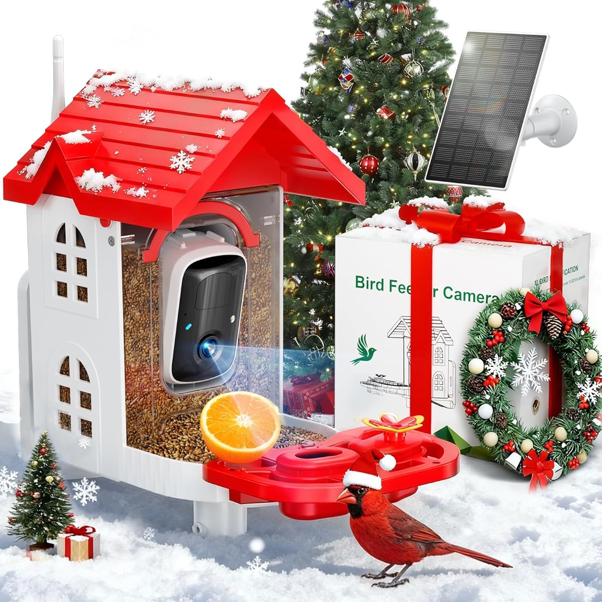 SV3C Bird Feeder with Camera, Smart Bird Feeder Camera with AI Identify BirdSpecies, Solar Powered, Instant Alerts, 2K HD Video, Various DIY Addons, 2.4G WiFi, Gift for Mom Dad and Birdlover (Red)