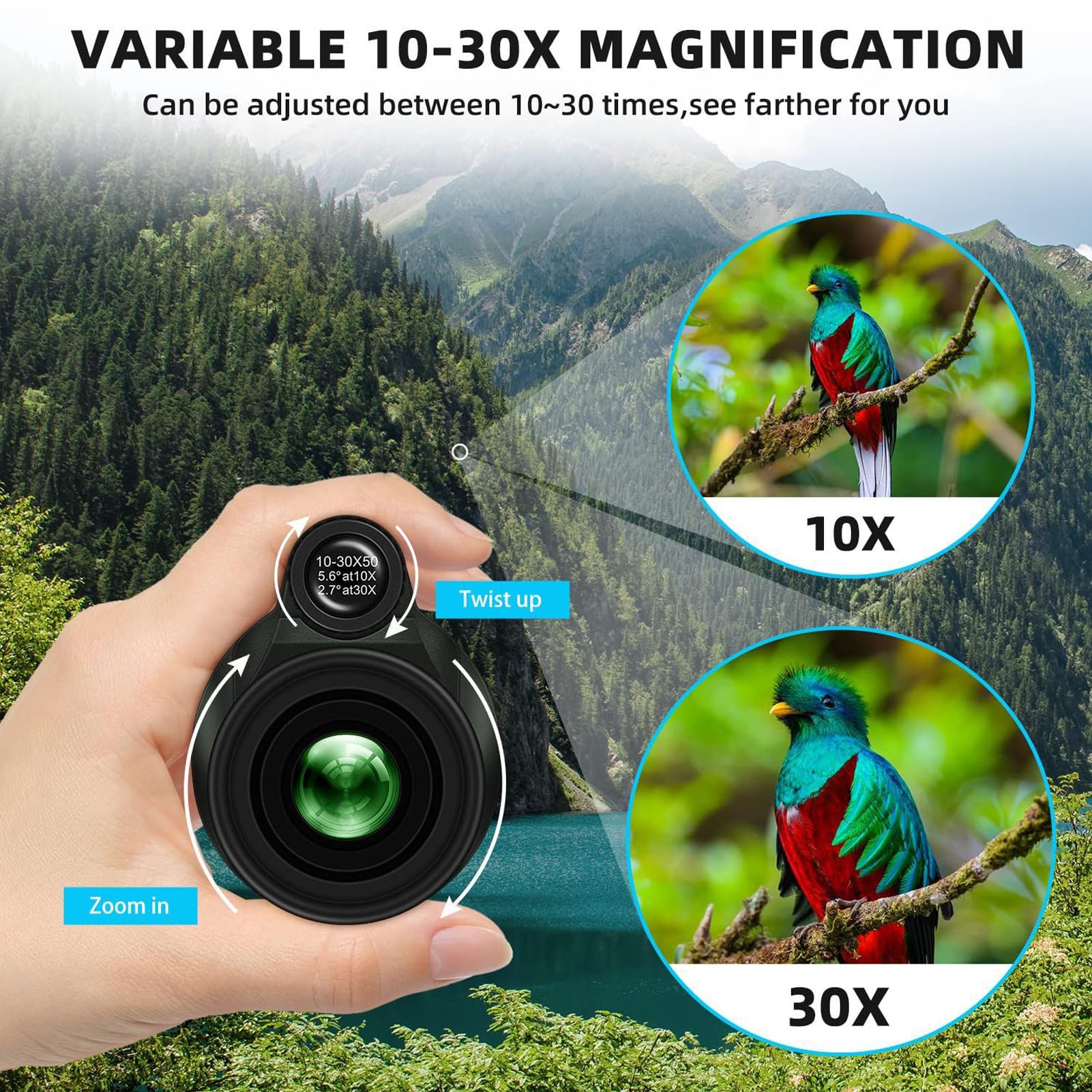 Télescope monoculaire zoom 10-30 x 50 pour adultes – Monoculaire HD haute puissance avec trépied et adaptateur, armure en caoutchouc, monoculaire à grand objectif étanche – pour opéra, observation des