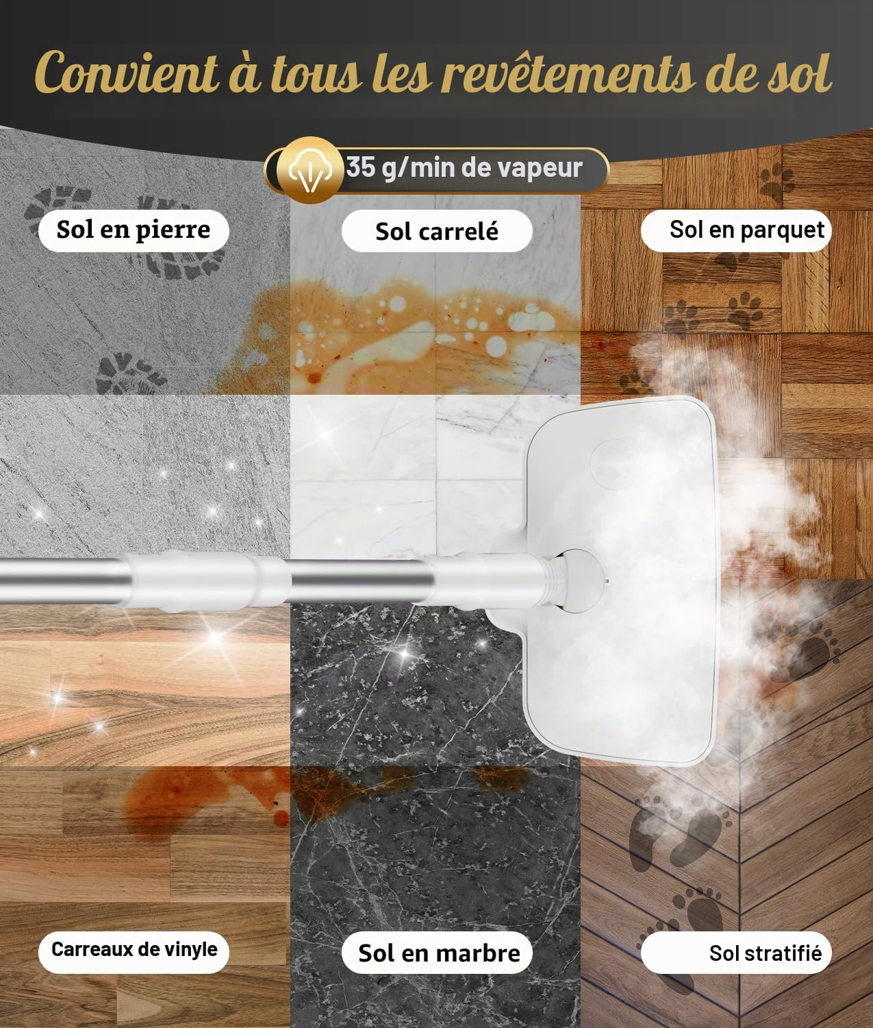 PAHTTO Nettoyeur Vapeur à Main, 17 Accessoires, 15s chauffe | 2-en-1 balai vapeur & nettoyeur main, 500ml, 3 niveaux vapeur, sol/cuisine/salle de bain