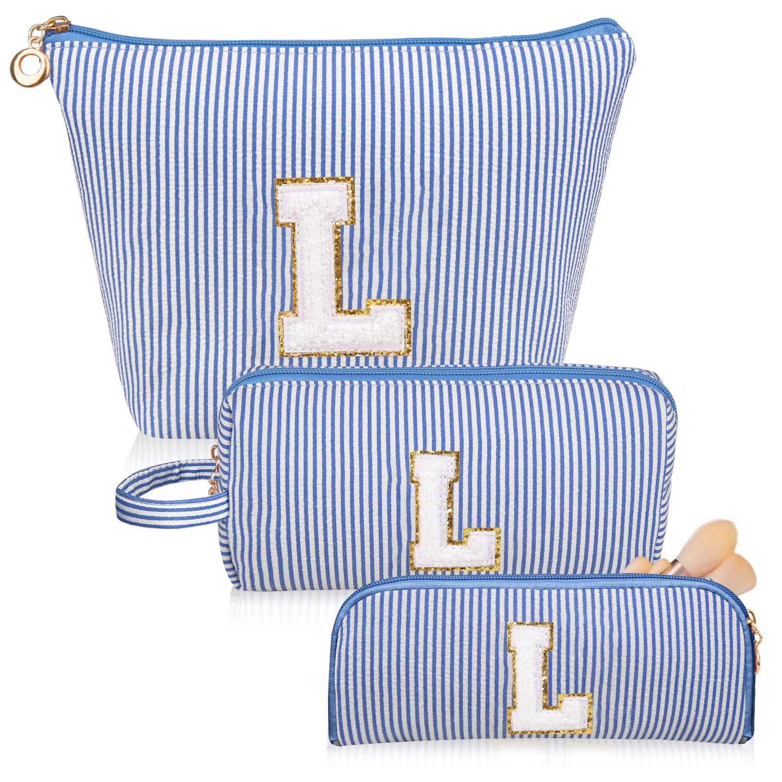 Junesters Initials Makeup Bag Set, Personalized Blue Cosmetic Bag, Cute Large Make up Bags, Travel Toiletry Bag for Women Girl Gifts L (Blue)