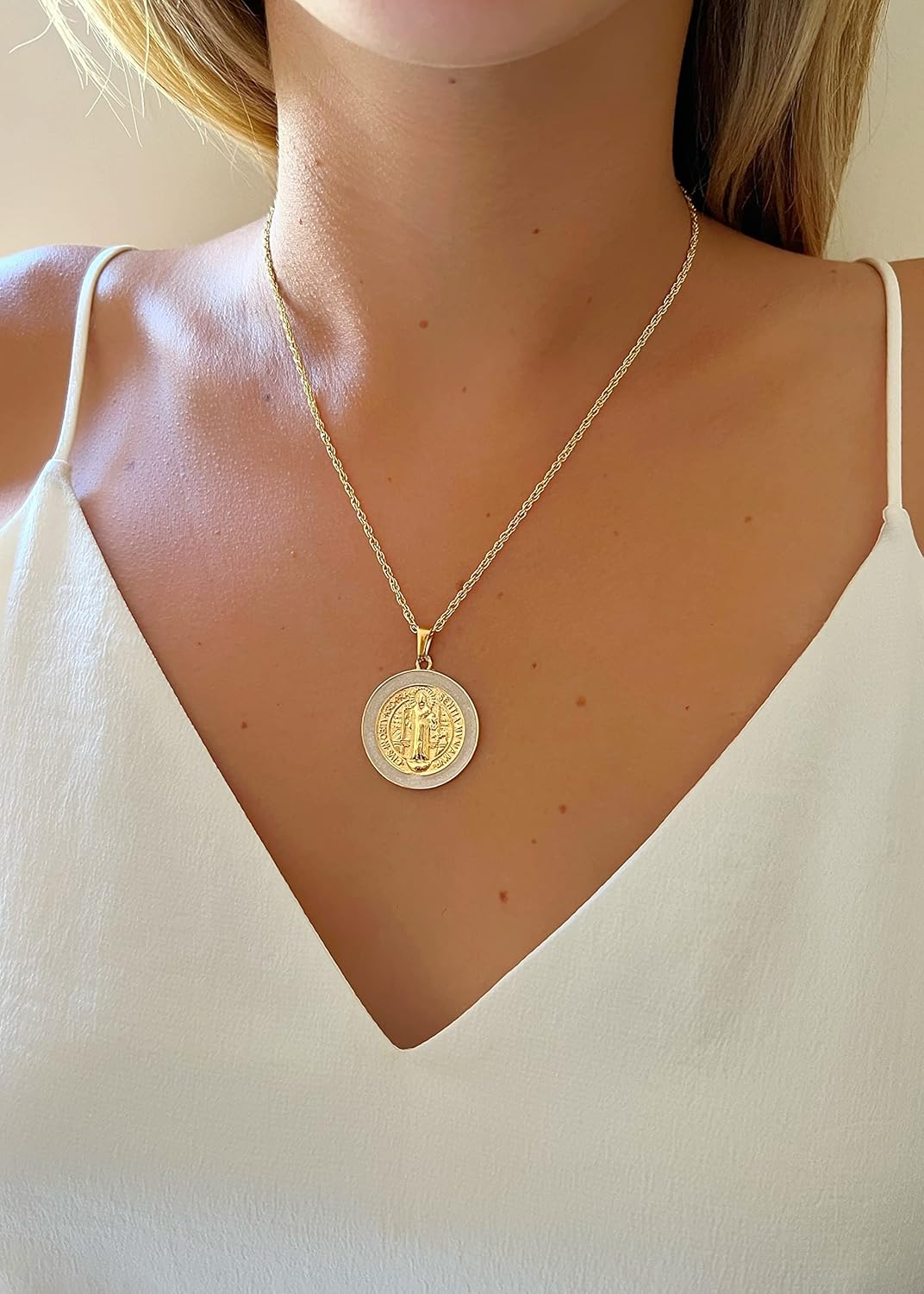 LESLIE BOULES Gold San Benito White Pendant Necklace 18K Plated Chain Protection Jewelry