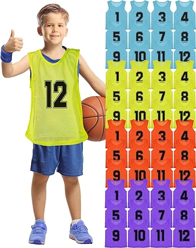 Miniatura 7 de Suhine 48 piezas de pinnies para deportes juveniles de malla de baloncesto equipo práctica Jersey numerado fútbol pinnies Scrimmage chaleco