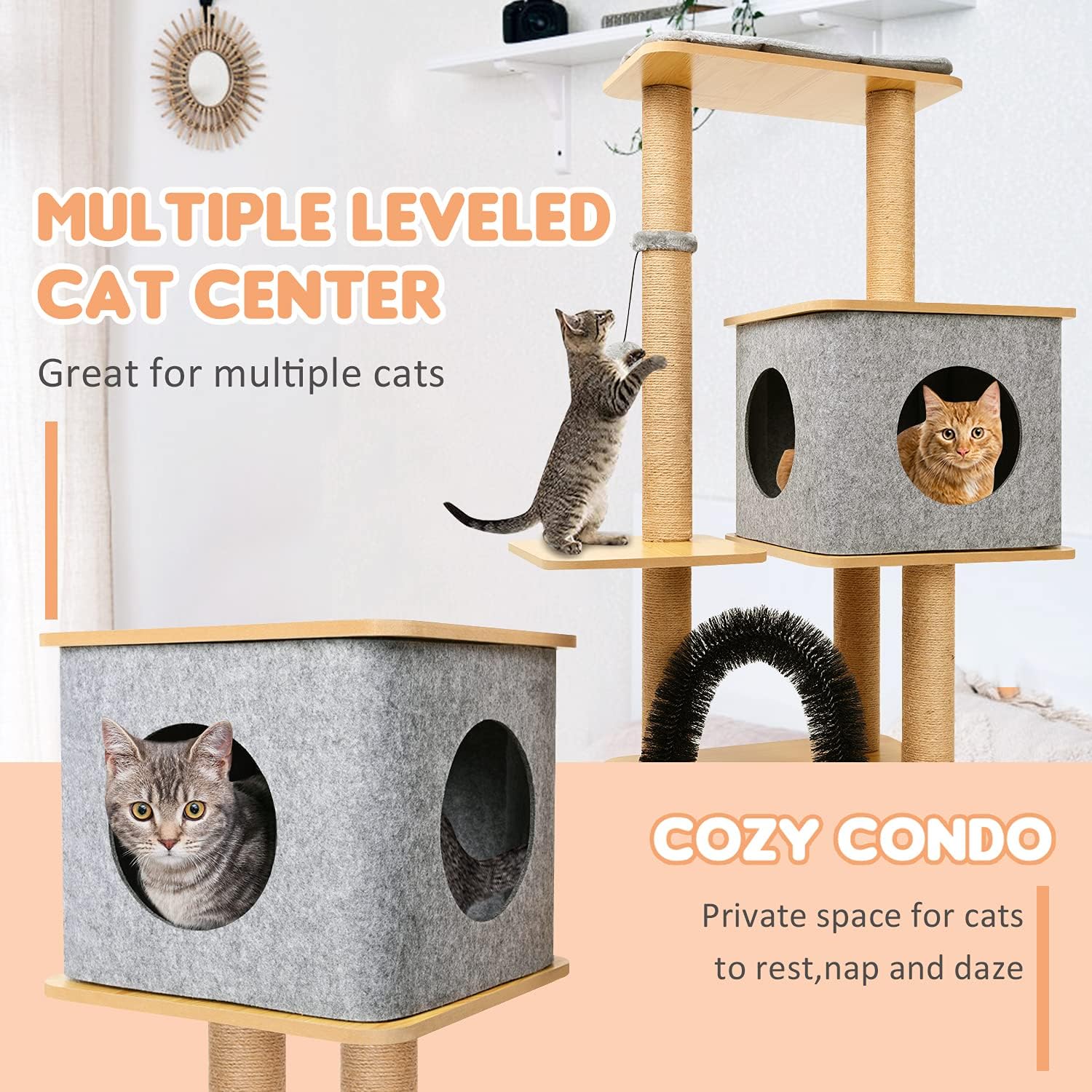 TOYSBOOM Modern Cat Tree for Large Cats - 45” Wood Cat Tower Furniture with Scratching Posts, Cat Condo and Top Perch, Cat Stand Climbing Activity Playground for Indoor Cats and Kittens : Pet Supplies