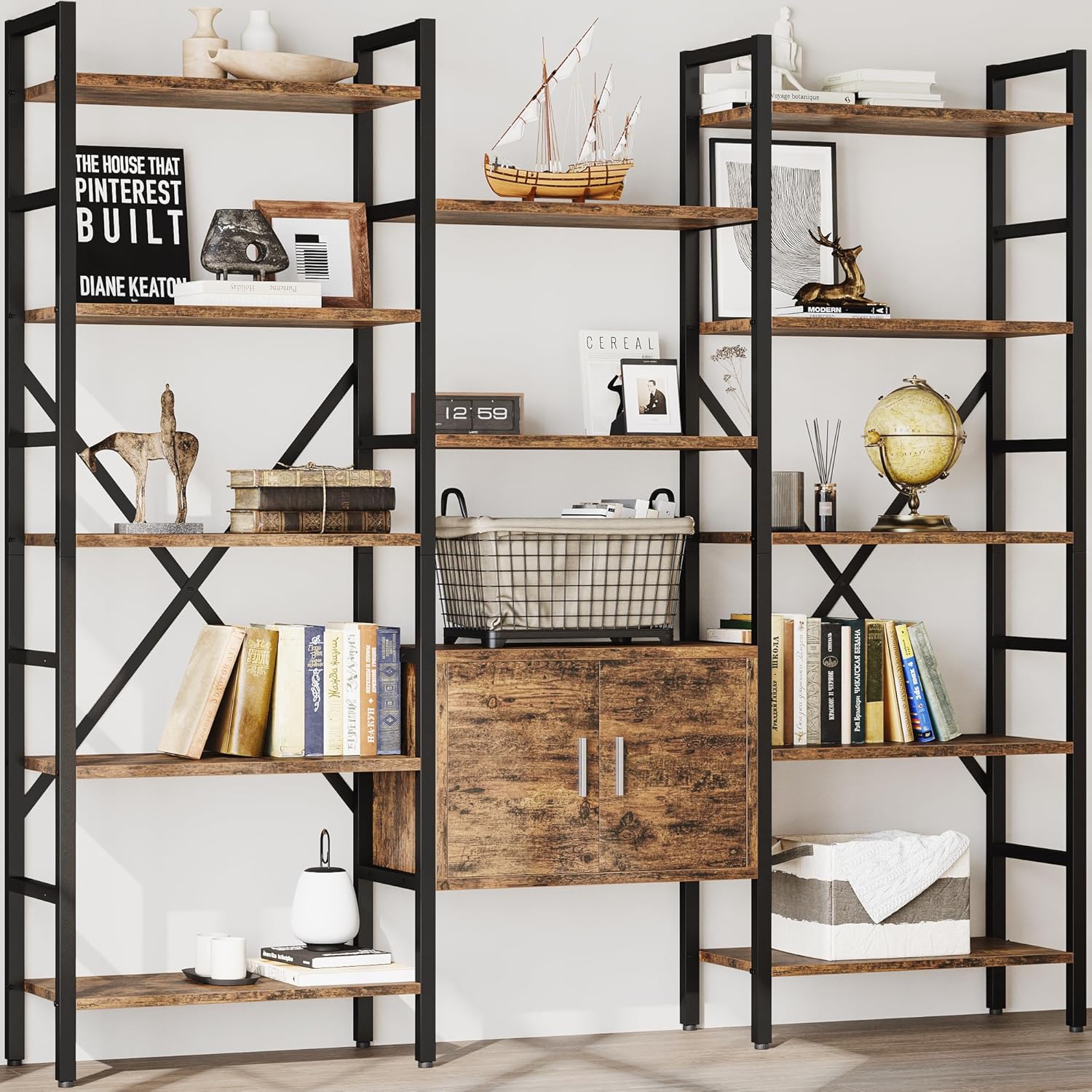 industrial 5 tier bookshelf rustic brown front view