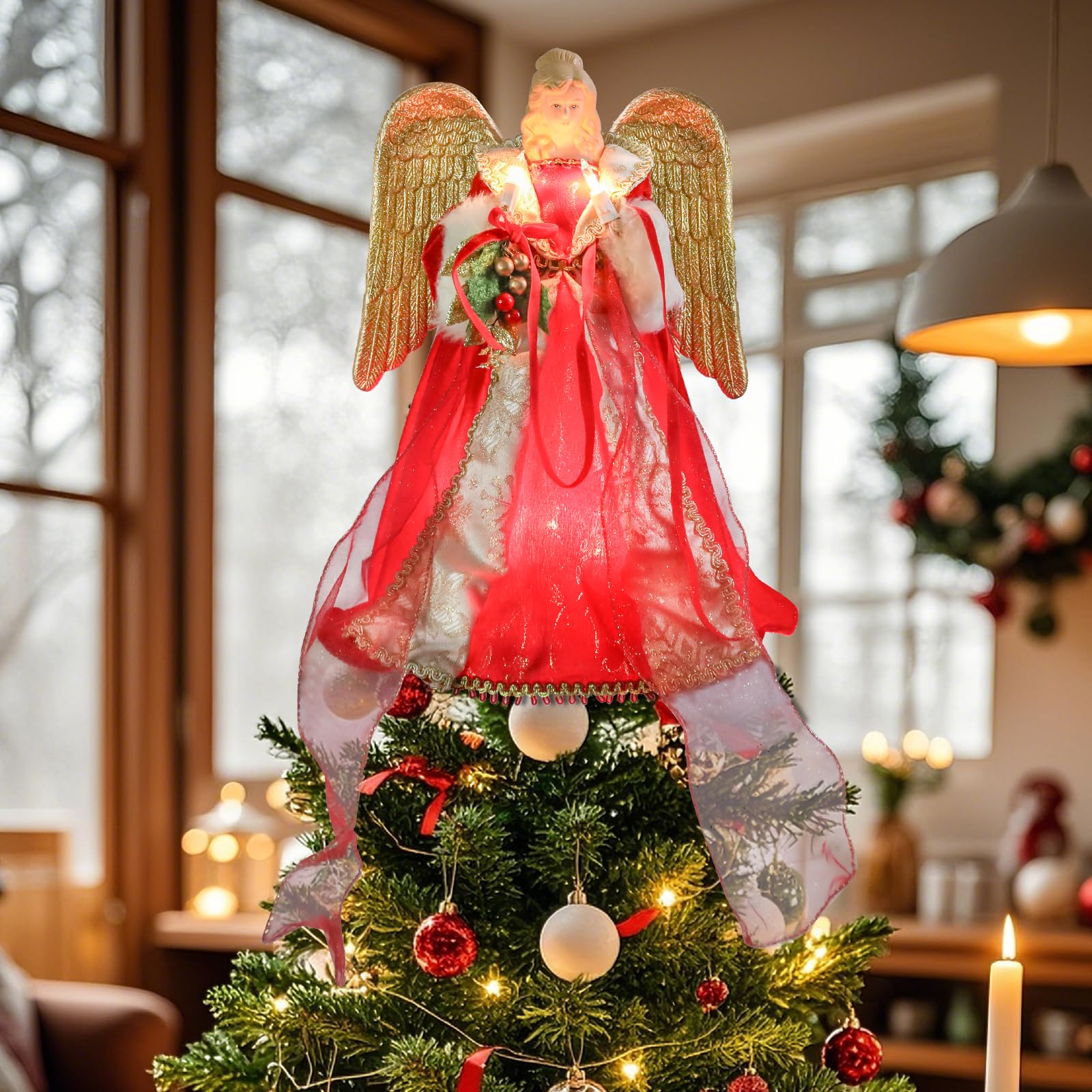 MUMTOP Lighted Christmas Angel Tree Topper, 12 Inch Luxury Red Gold Fabric Angel Tree Top Figurine with Lights for Christmas Tree Decoration Indoor