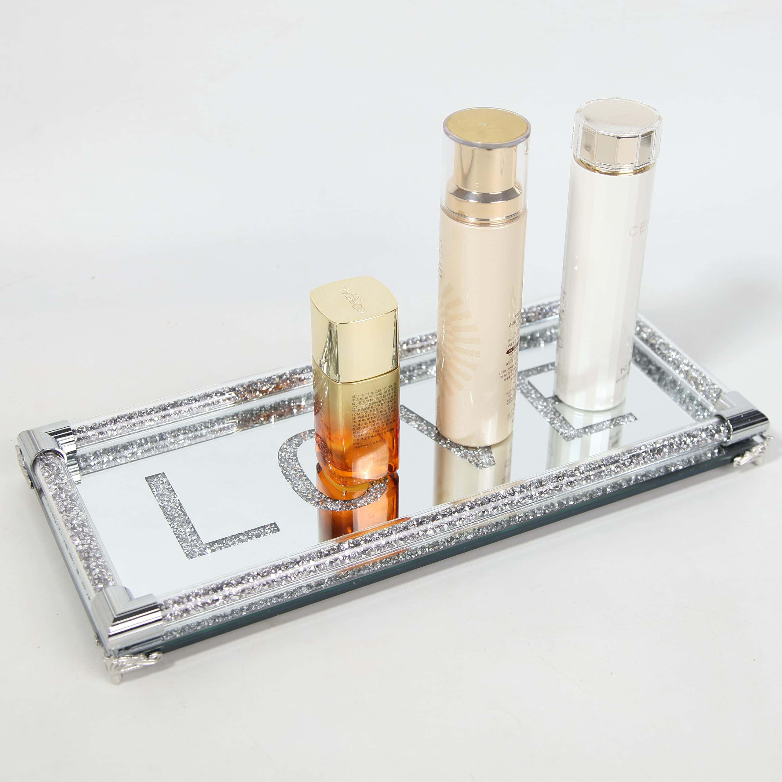 SHYFOY 12.5in Mirror Glass Perfume Tray Silver Ornate Vanity Tray Rectangle Makeup Tray Dresser Diamond Tray Jewelry Trinket Organizer Tray for Bathroom Storage Tray for Home Decor