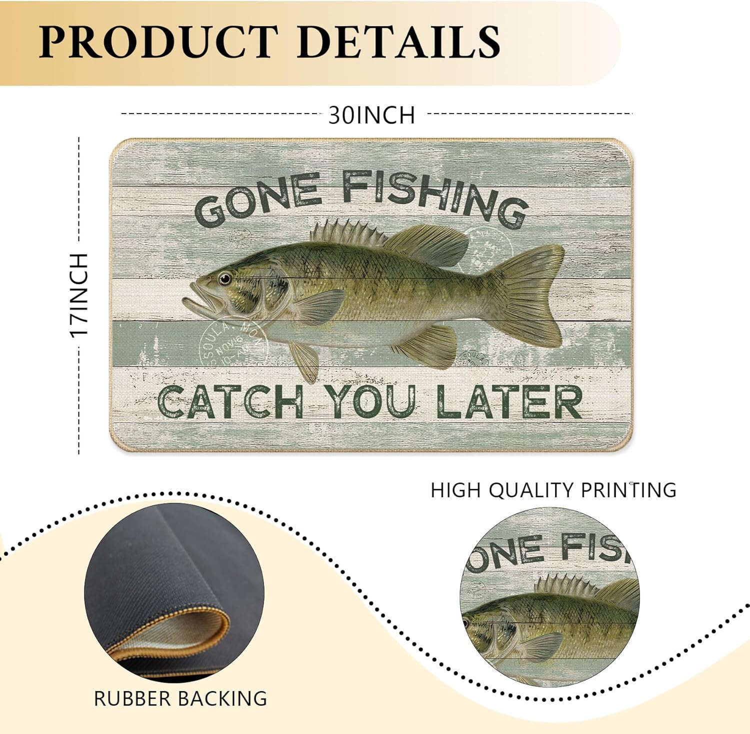 Rustic Coastal Beach Fish Faux Linen Door Mat, Bass Fish Lake House Doormat Outdoor Indoor Entrance Porch, Retro Fishing Nautical Welcome Mats for Lake Beach House Cabin, 17x30 Inch