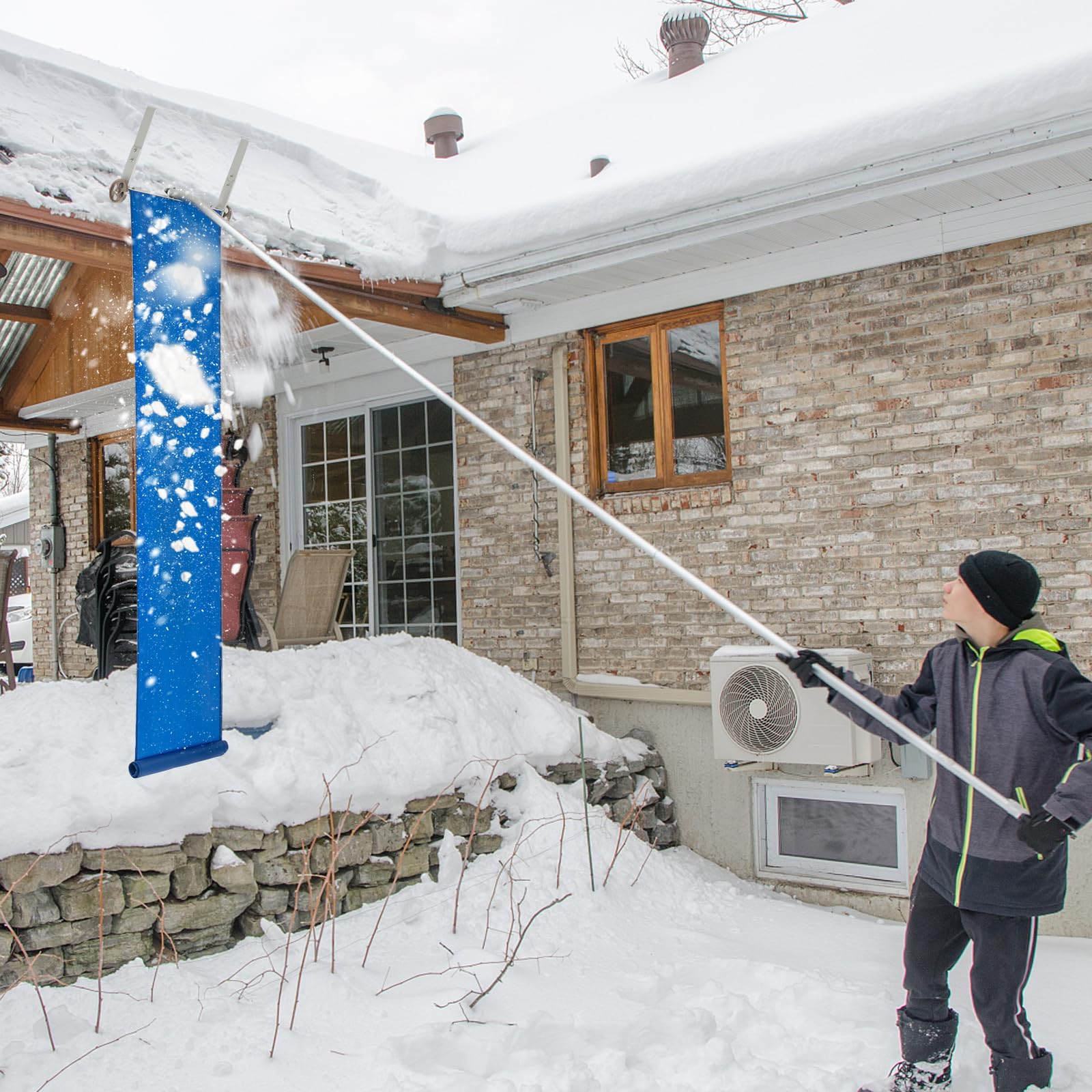 COSTWAY Schneeräumer mit Rollen für Dach, Dachschneeräumer mit Teleskopstiel, rutschfestem Griff, Dachräumer, Schneeschaufel, Schneeschieber aus Aluminium, Einstellbereich 151-611 cm