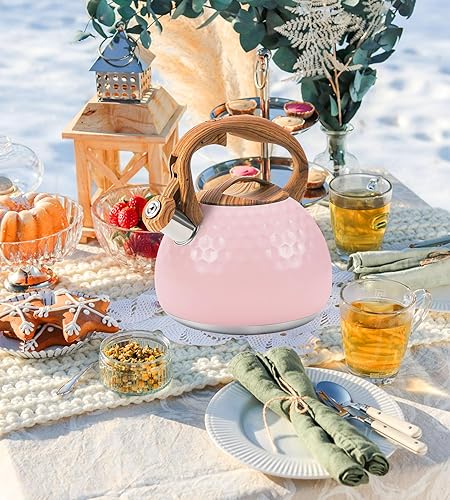 Miniatura 6 de Tetera silbante, hervidor de cocina de acero inoxidable de 3.2 cuartos de galón, tetera de grado alimenticio con mango de madera para café, leche,