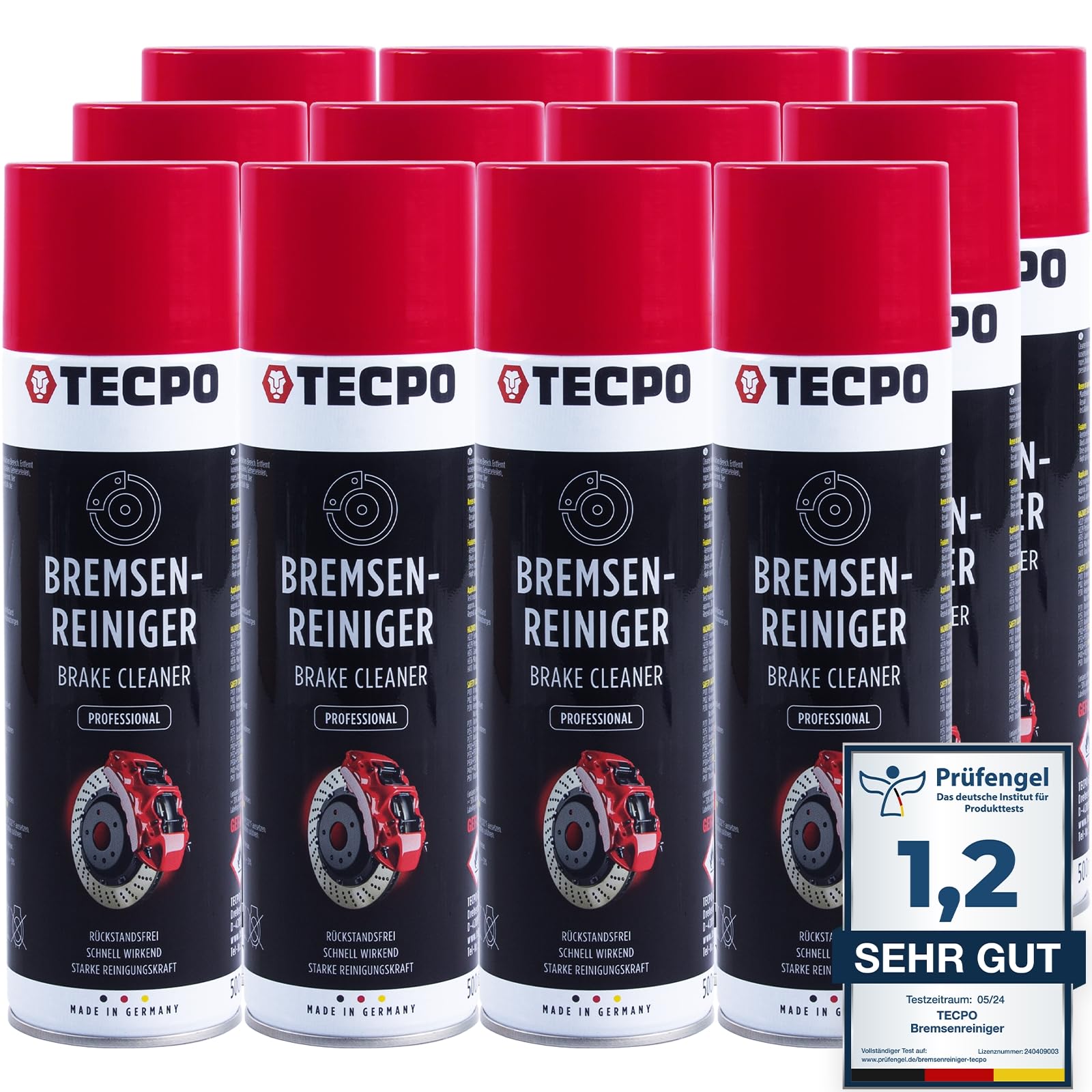 TECPO Bremsenreiniger 12x 500ml Universal Teilereiniger 360° Ventil Power Brake Cleaner Acetonfrei Reiniger Entfetter Korrosionsschutz