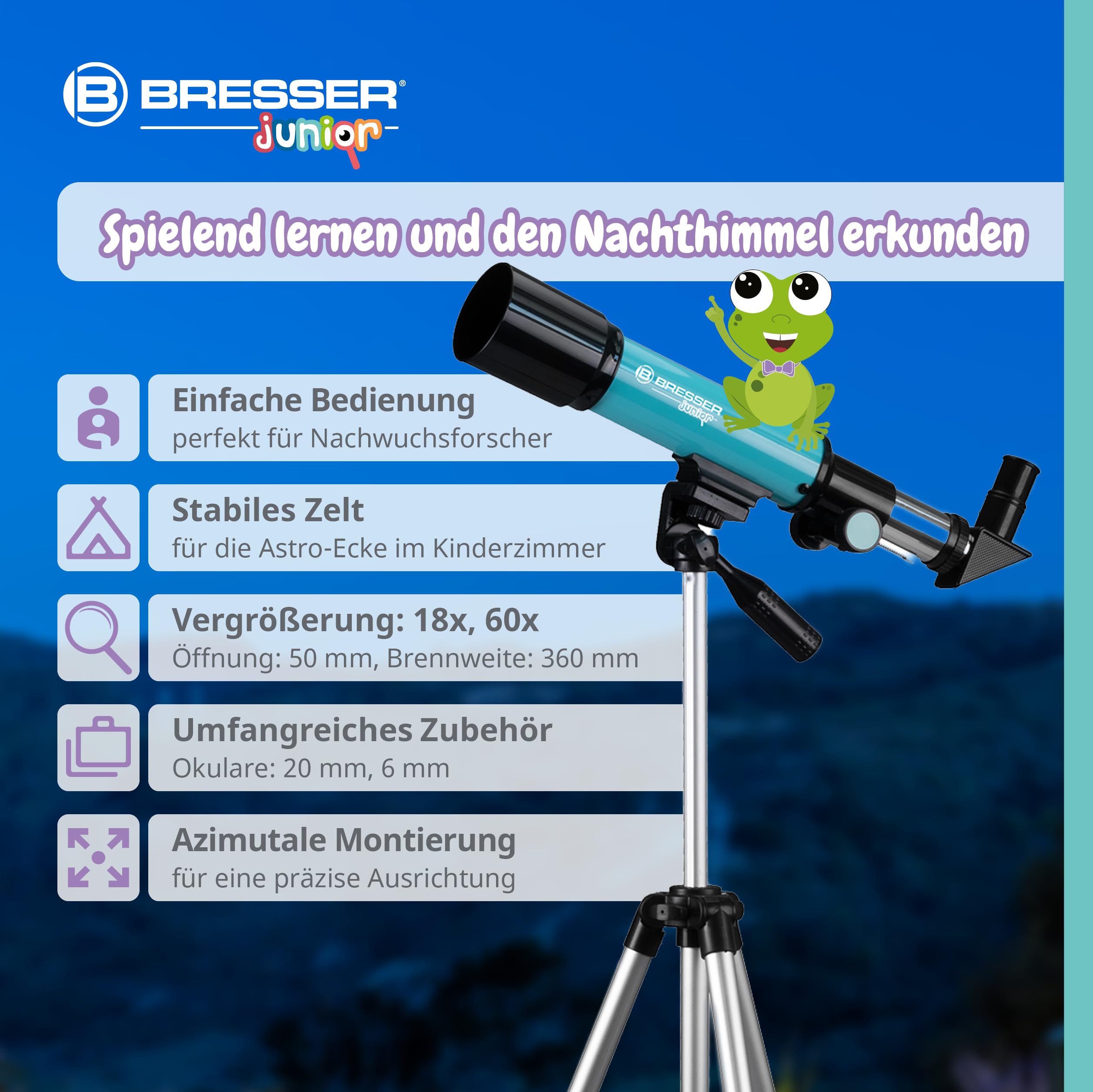Bresser Junior Linsenteleskop 50/360 für Kinder - Astronomie Einsteigerset mit Zelt, Refraktor Teleskop, Stativ, Azimutale Montierung, Okulare und Zenitspiegel ,blau