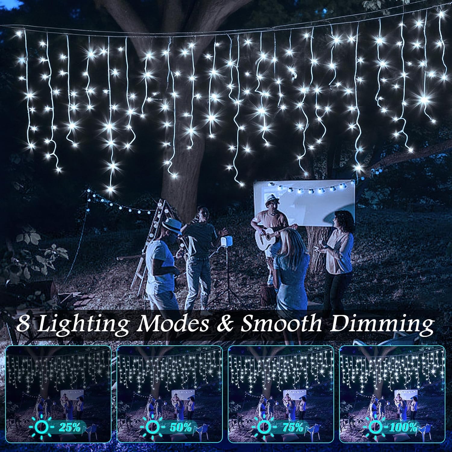 131FT Outdoor Icicle Lights Cold White- Waterproof Christmas Curtain Lights, 8 Modes Twinkle Function for Patio, Wedding, Holiday, Party Decorations(Cool White)