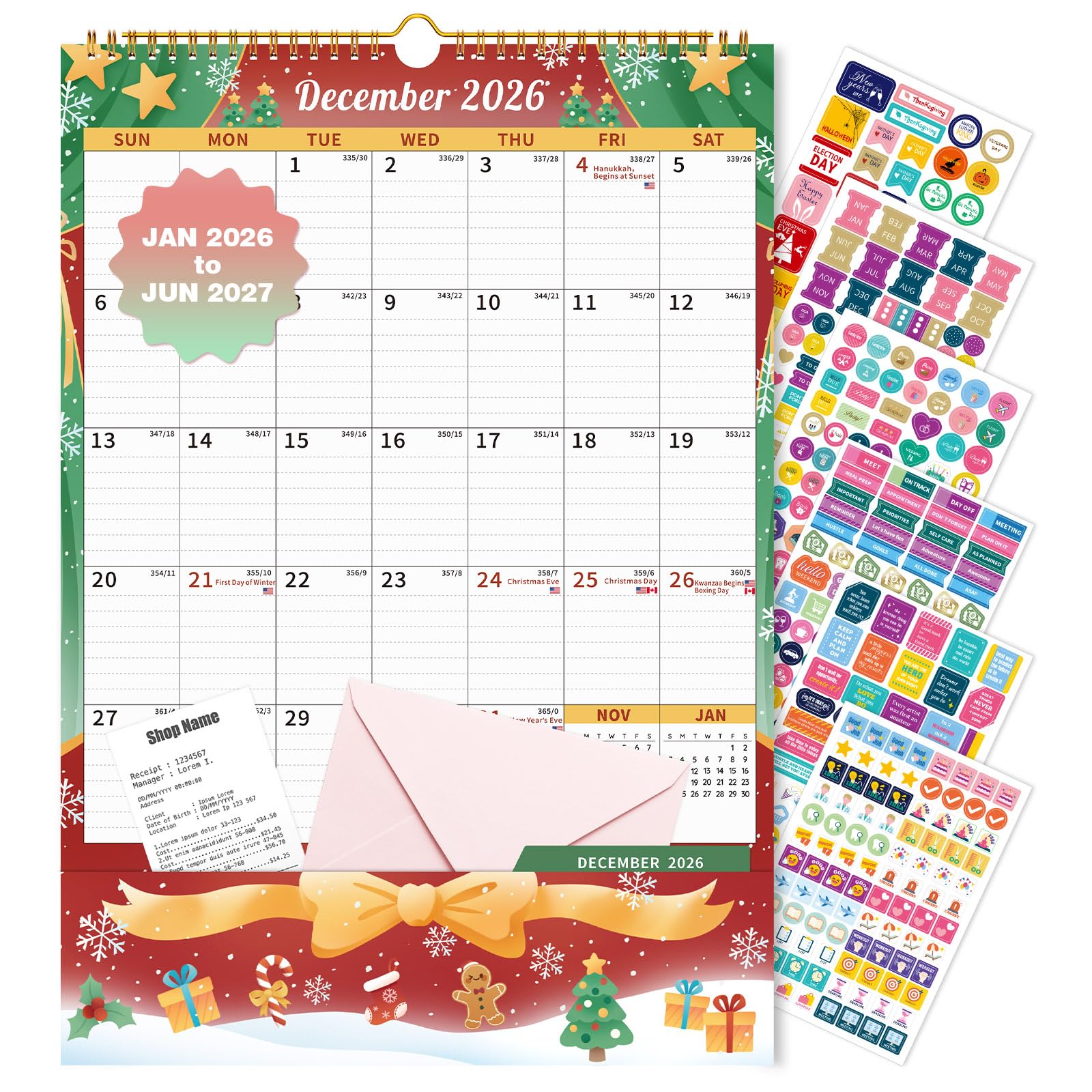 Ospelelf Wandkalender 2026–2027, Monatsplaner, 43,2 x 30,5 cm, mit Schutzhülle und Aufkleber für Familie, Kühlschrank, Büro, Lehrer, Studenten, Januar 2026 bis Juni 2027 Saison 2027