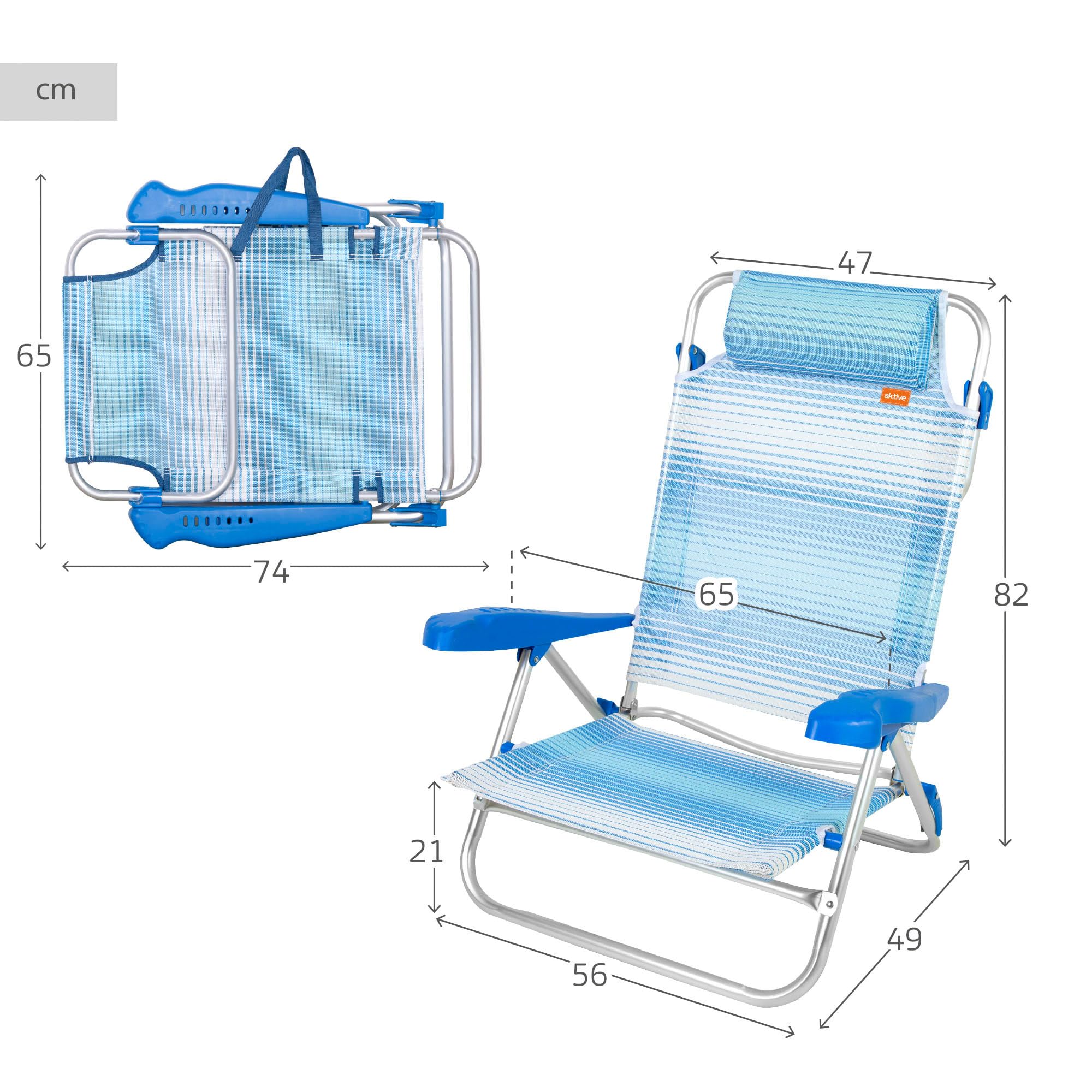AKTIVE Sedia da spiaggia pieghevole, 8 posizioni, strisce blu, 47 x 49 x 82 cm, include cuscino imbottito, maniglie per il trasporto, portata 110 kg, sedie da spiaggia, multiposizione, schienale