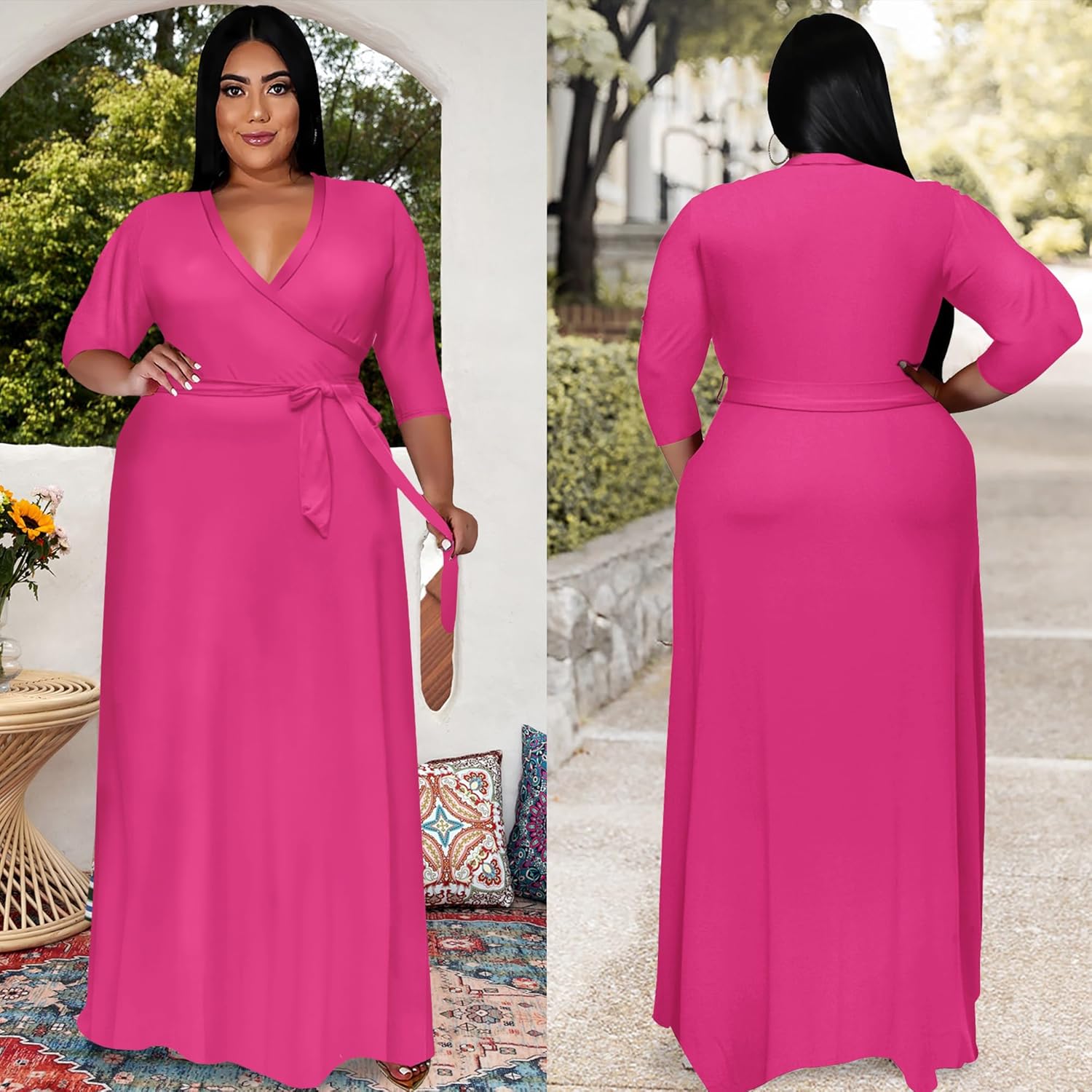 Nmoder Plus Size Maxi Dress for Women - Summer Casual 3/4 Sleeve Floral Flowy Long Dress with Belt XL- 6XL - Image 7