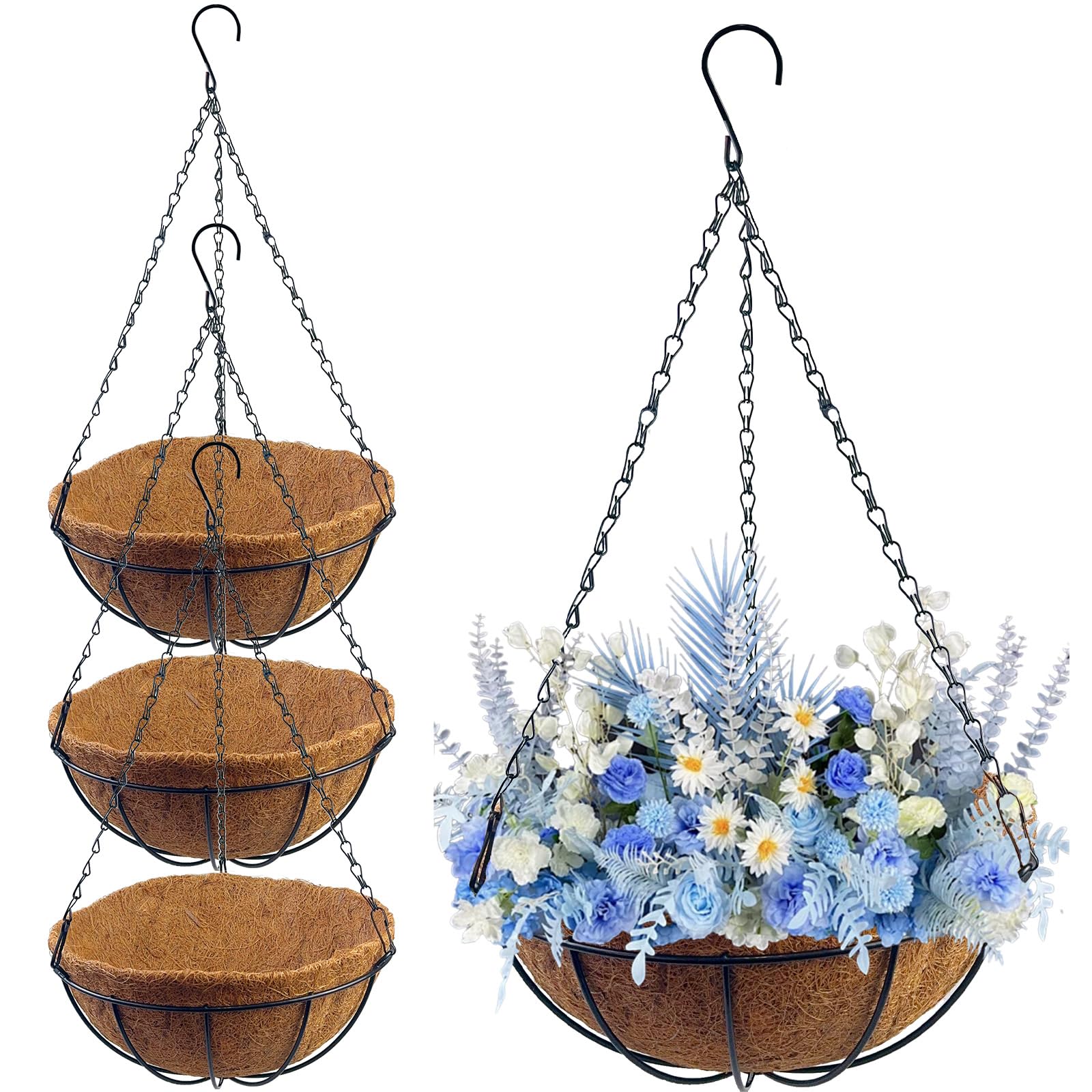 TEYIAN 4Pcs 30cm/12-in Hanging Basket with Coco Liner Metal Hanging Flower Pots Hanging Planters Plant Basket for Indoor Outdoor Garden Porch Balcony Patio Decoration