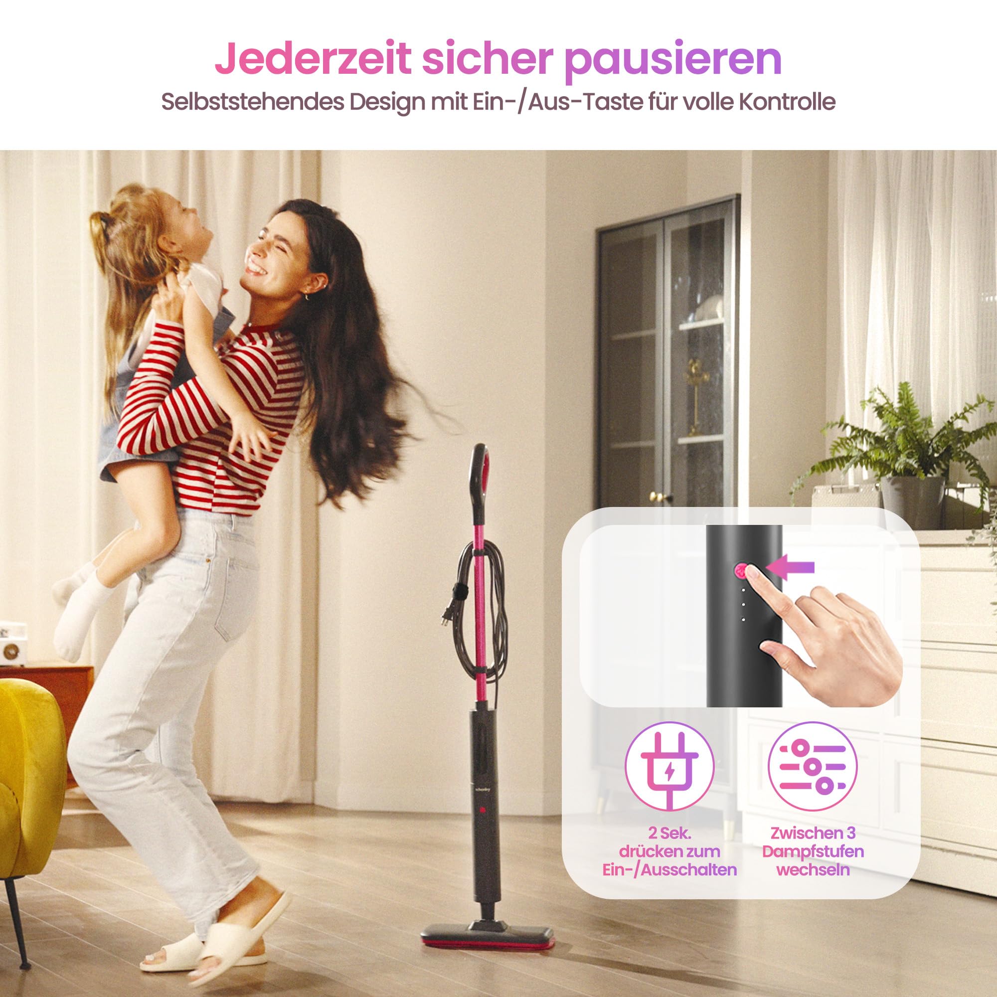 Schenley Leichter Dampfmopp für Hartböden & Teppiche | Dampfstufen, 10 Sek. Aufheizen, 120 °C Dampf, Bis zu 37 Min., 6 m Kabel, Kabelaufwicklung, Freistehend, Chemiefrei