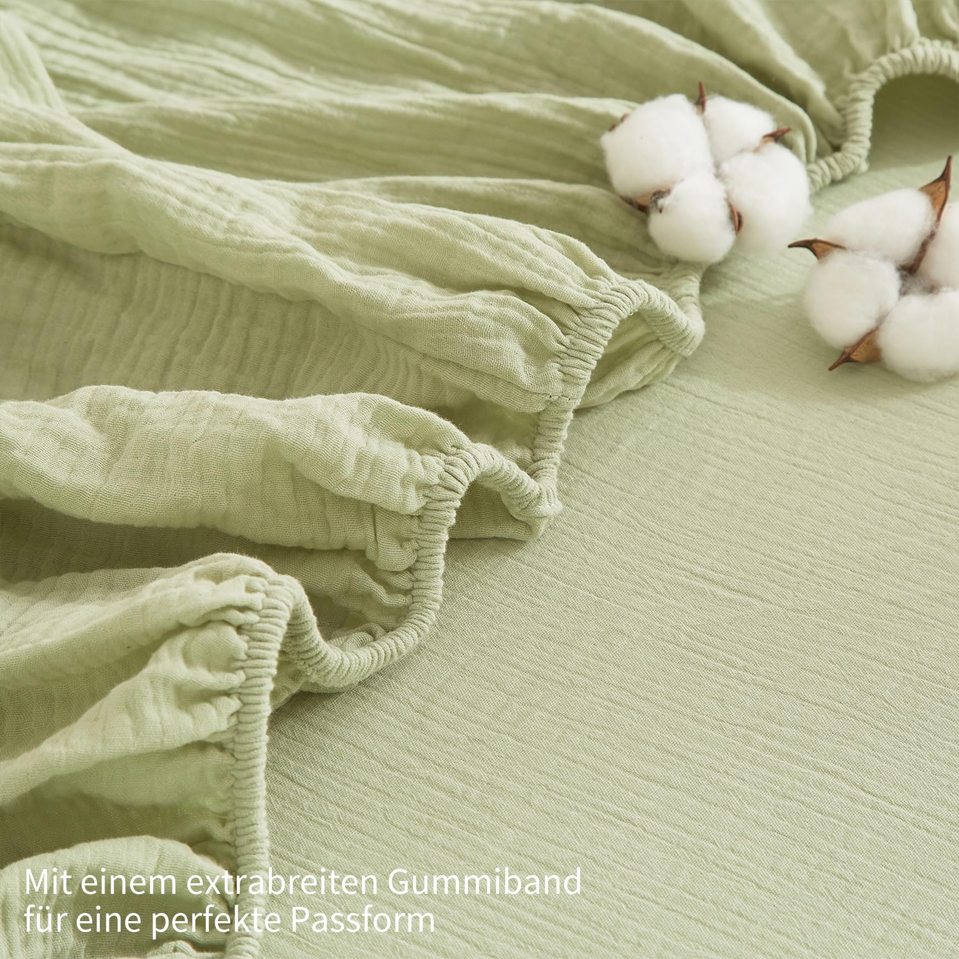 Doppelte Muslin Spannbettlaken 200x200cm 100% Baumwolle Grün Muslin Bettlaken 200x200cm Baumwolle Weich Atmungsaktiv Kuschelige Spannbetttuch Boxspringbett Geeignet für 30cm Matratze