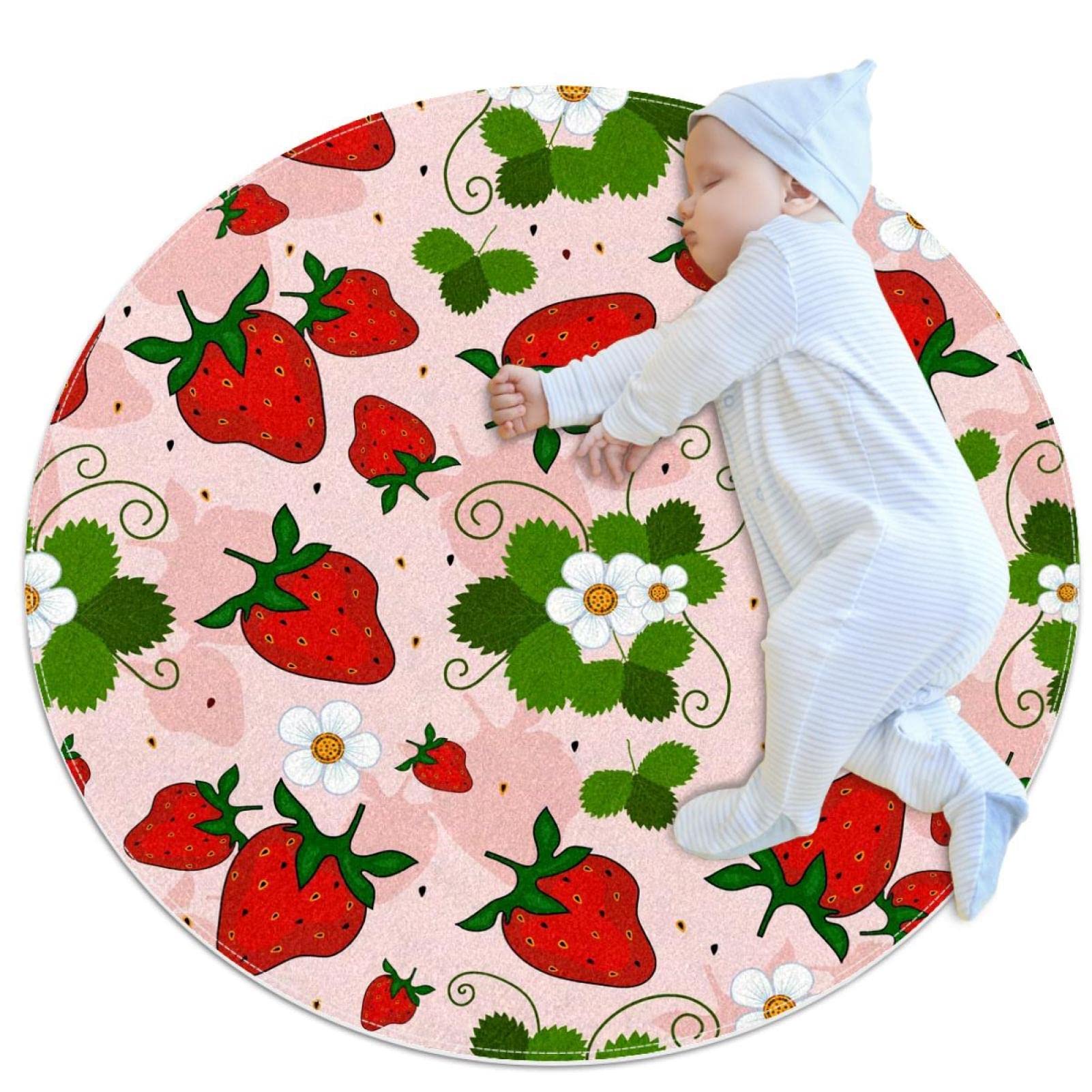 Tapis rond fleurs et fraises 100cm anti-dérapant et doux pour habiller le sol de votre chambre