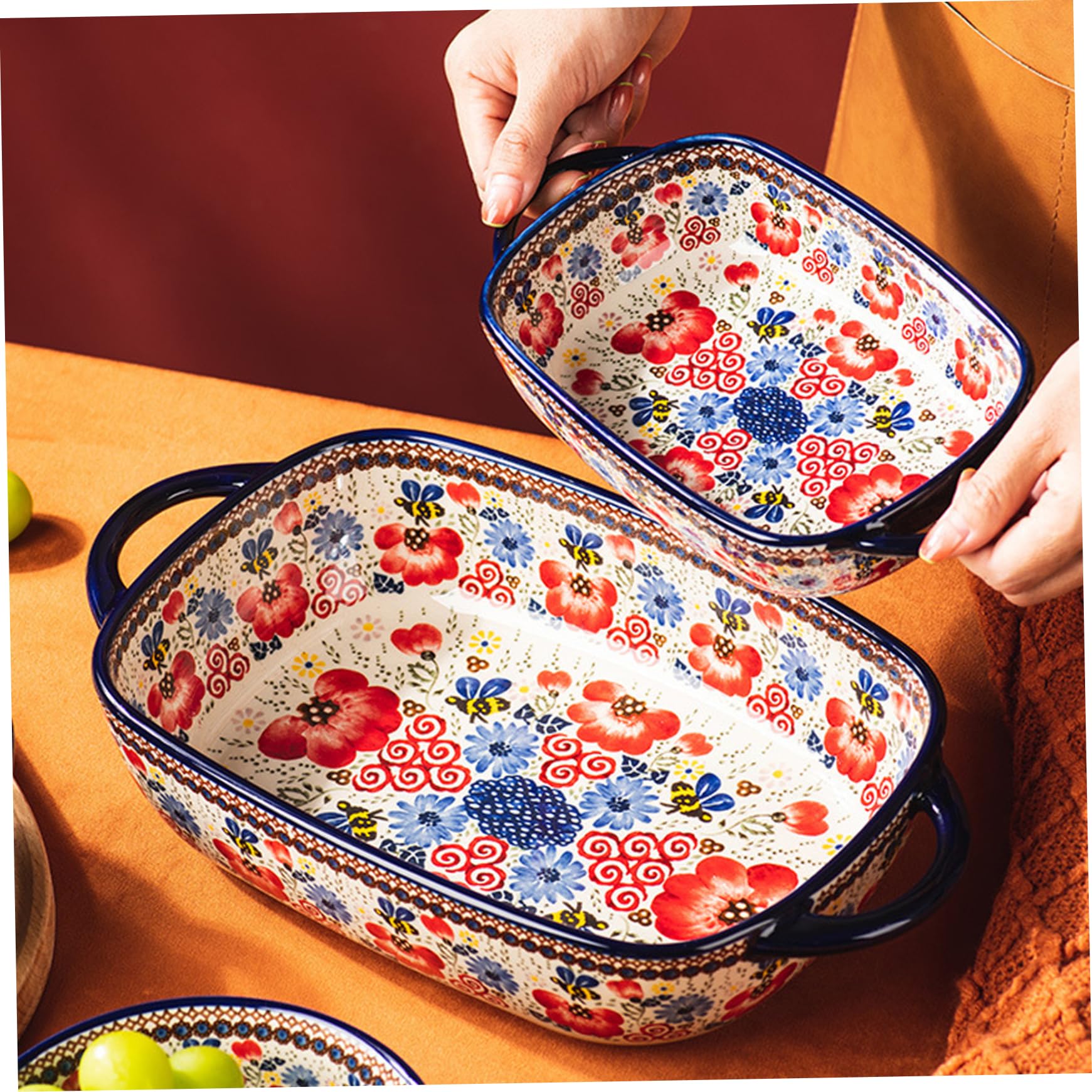 Plato de horno de cerámica, fuente para hornear, 730 ml de plato de horno de cerámica resistente al calor con manijas dobles, plato de lasaña de rectángulo con estampado de flores, platos de cazuela