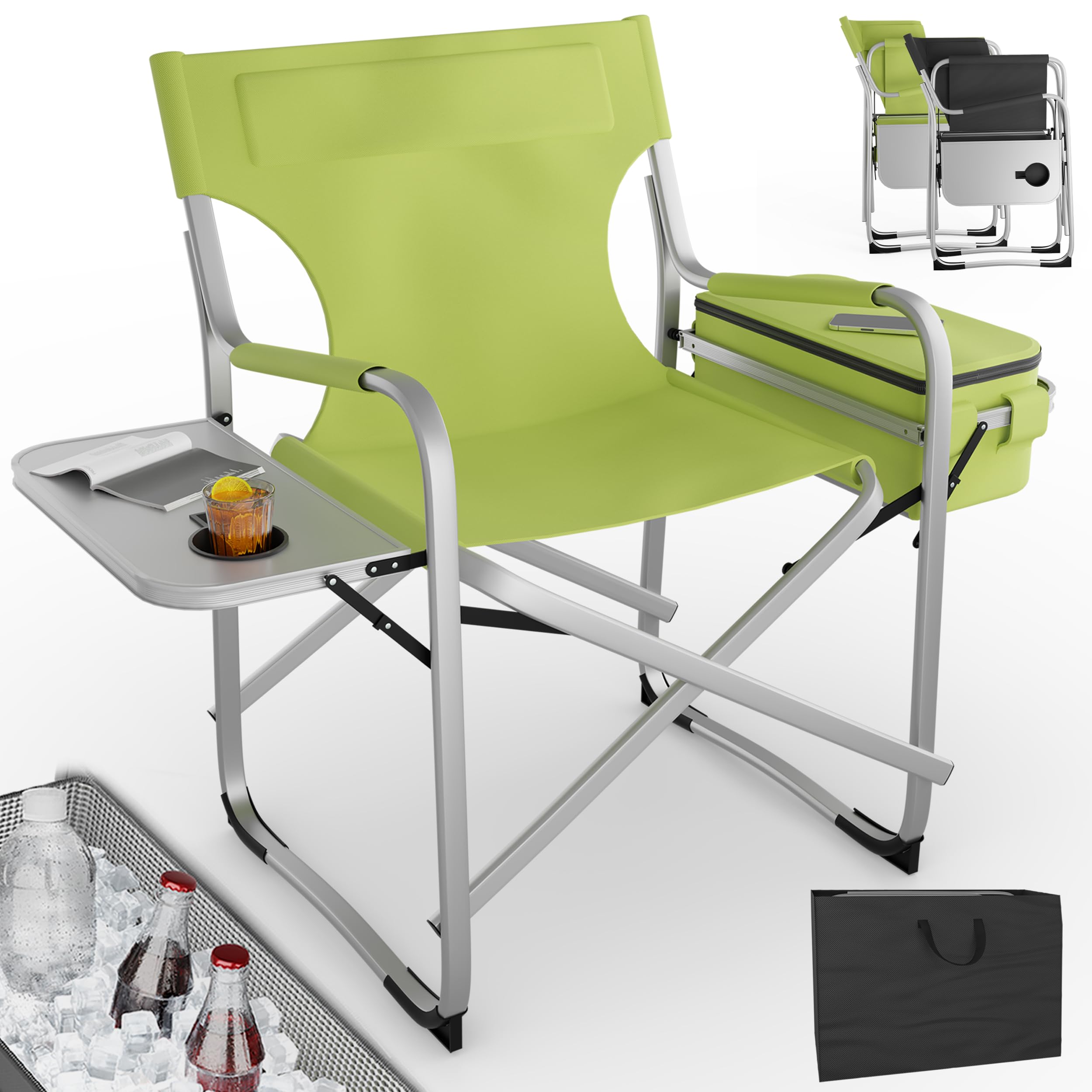 Onbest Campingstuhl mit extra Kühlfach, Klapptisch & Getränkehalter – faltbar – bequem gepolstert – bis 150 kg belastbar – Klappstuhl kompakt & leicht mit Tasche – Faltstuhl in 2 Farben (Grün)