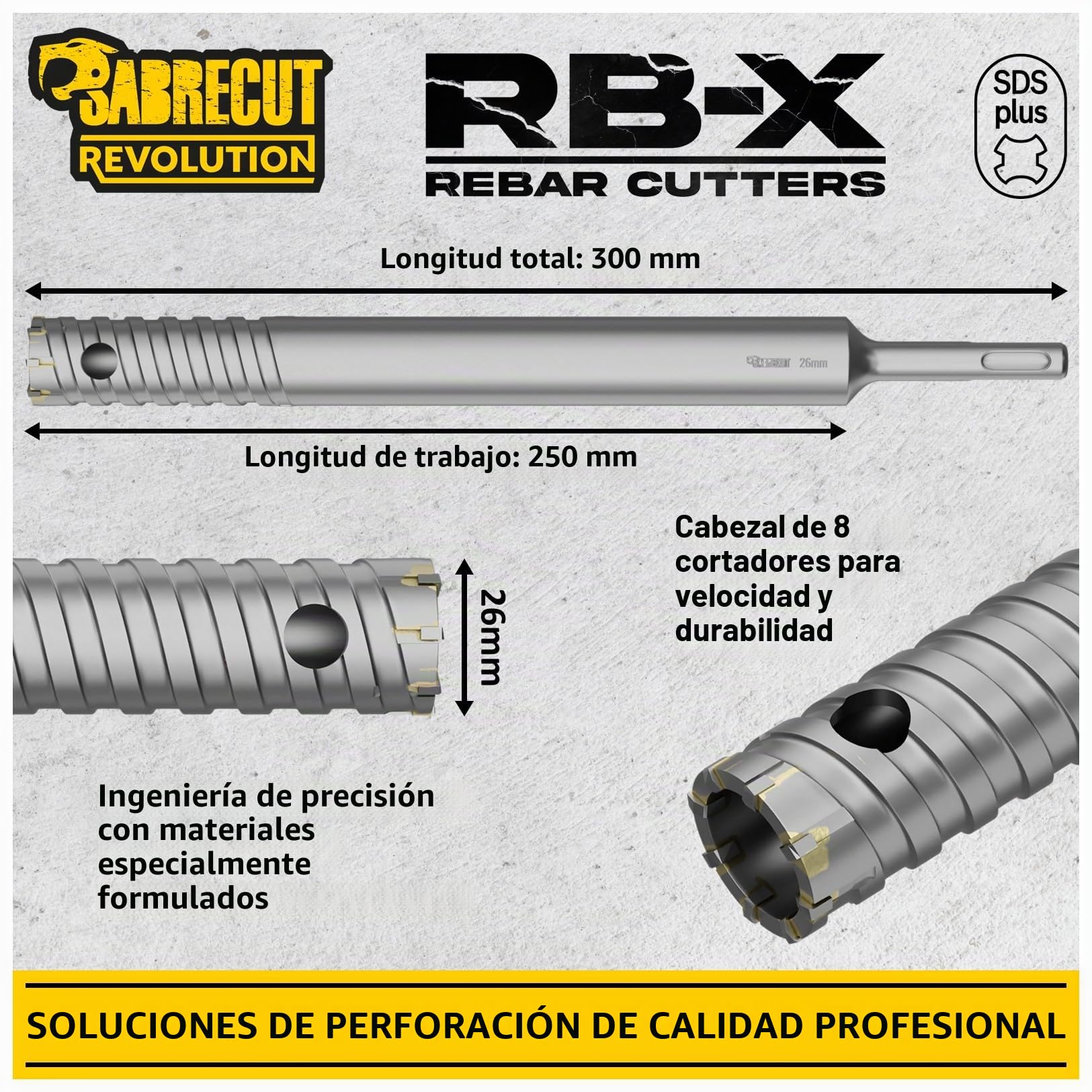 SabreCut 1pc SCRB26 26mm x 300mm Brocas Resistente | Puntas carburo de tungsteno y soldadura precisa cortan duraderamente varilla embebida
