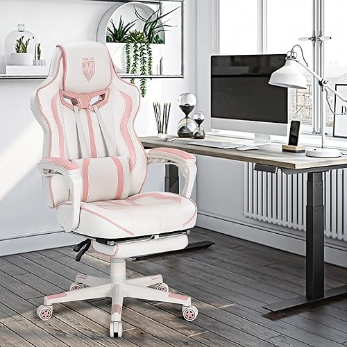 Miniatura 2 de Vonesse Silla de juegos rosa para niñas, silla de computadora reclinable estilo carreras con reposapiés de oficina, silla ergonómica giratoria de