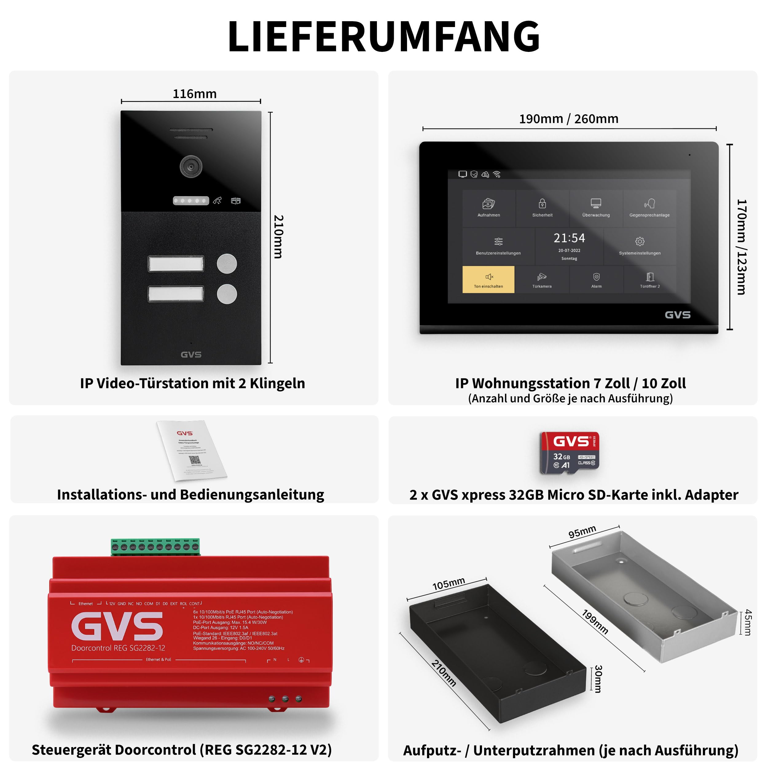 GVS Video Türsprechanlage 2-Familienhaus - 3X 7 Zoll Monitor | Smarte Video Türklingel mit Kamera und Monitor - Gegensprechanlage mit Türöffner (AVS1289A)