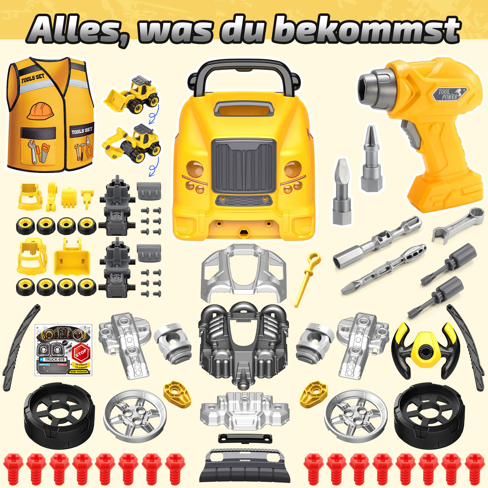 Naxudcoo Montageauto Spielzeug für Kinder ab 3 Jahren, Zerlegbarer Truck für Motorreparatur mit Licht und Sound, Akkuschrauber Kinderwerkzeug, Mechaniker Spielzeug, Geschenk für Jungen 3-6 Jahre
