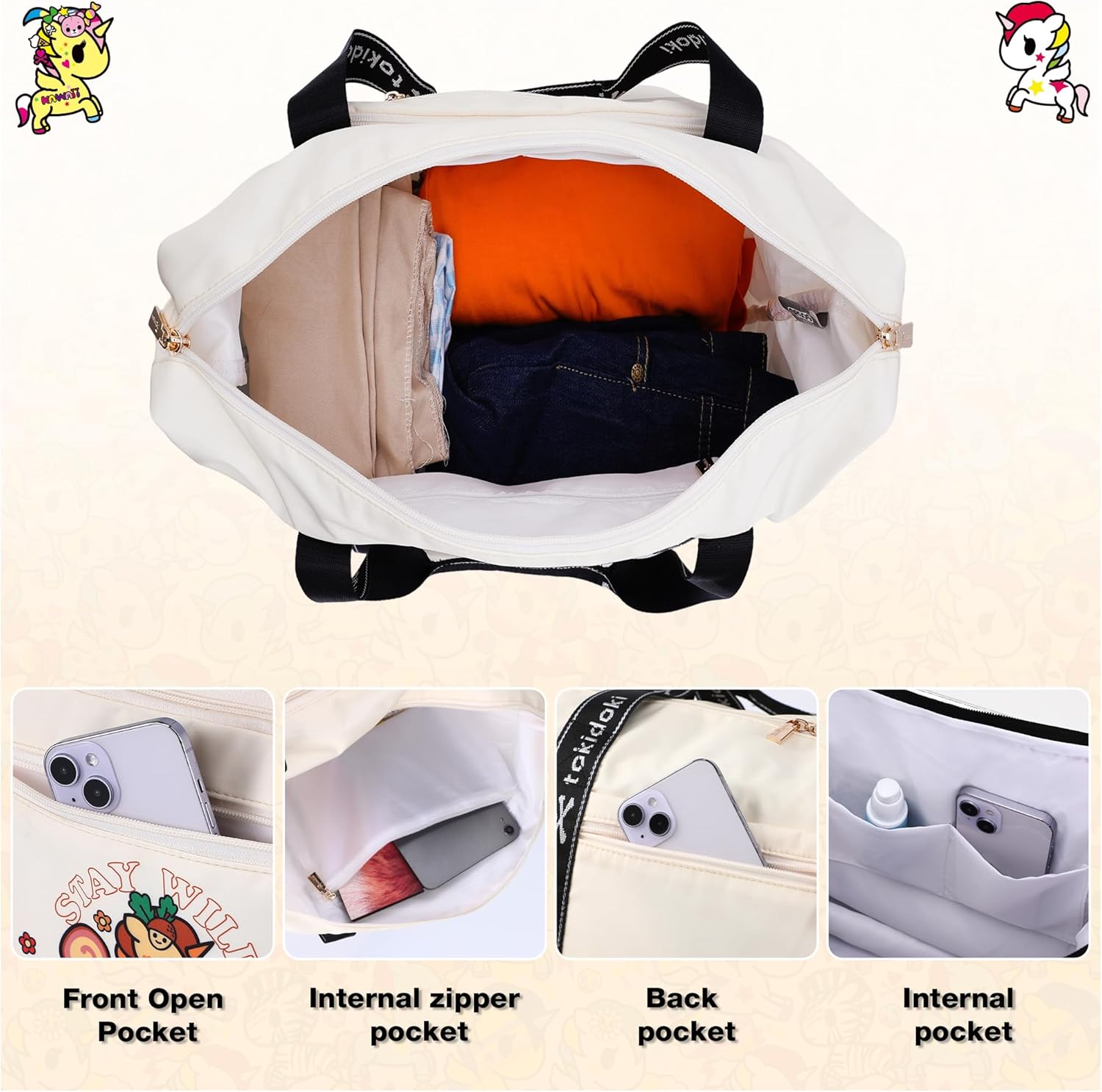 Tokidoki Duffle Bag 40L Large Capacity Travel Bags Expandable Unicorno Travel Bags Luggage Bag for Women Sports Gym Vacation-Official Licensed (unicorno cheeky)