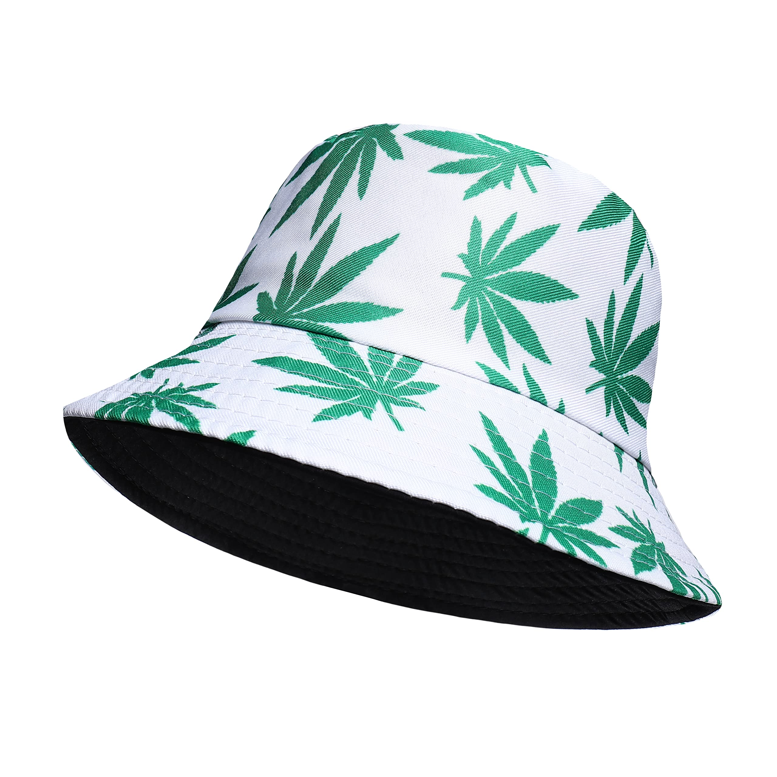 Unisex Fisherman Summer Festival Union Jack UK Flag Cotton Bucket Hat (One Size, Green Leaves - White)