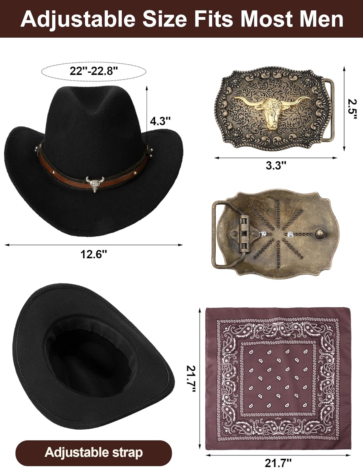 Toulite 4 Pcs Western Outfits for Men Cowboy Tassel Vest Hat Belt Buckle Paisley Bandana for Halloween Cosplay - Image 3