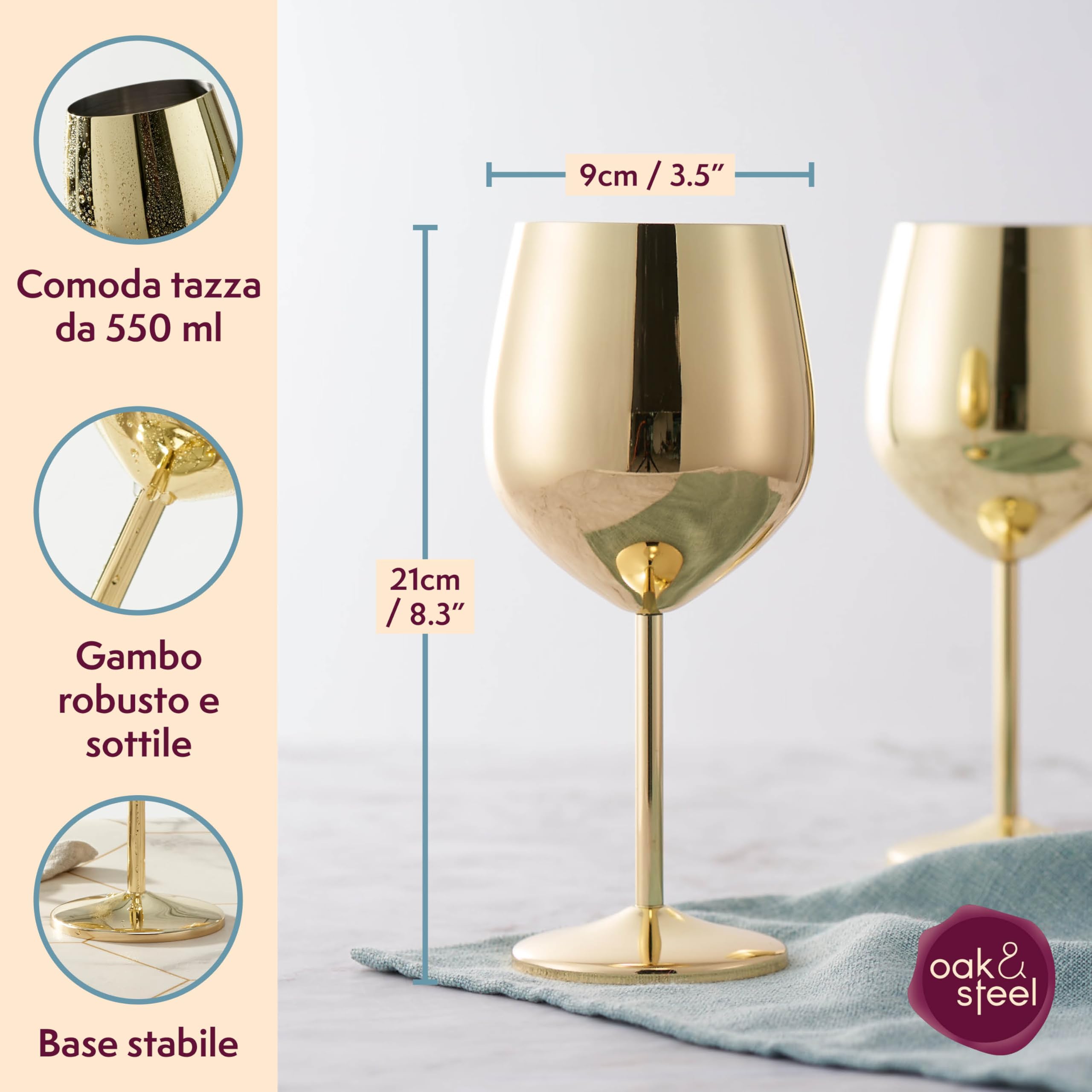 Oak And Steel - 2 Calici Da Vino In Oro, 520ml - Calici Da Vino In Acciaio Inox Con Scatola Regalo