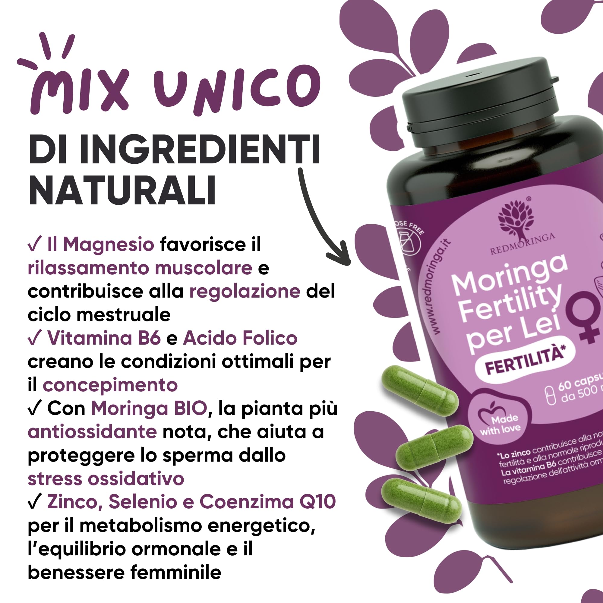 Integratore Acido Folico Mamme Resveratrolo, Moringa, Zinco, Vitamine B1, B5, B6, B12, E, D3, Acido Folico | Integratore Donna Vitamine PreMamma | Protegge DNA Mitocondriale | 180 Capsule - RedMoringa