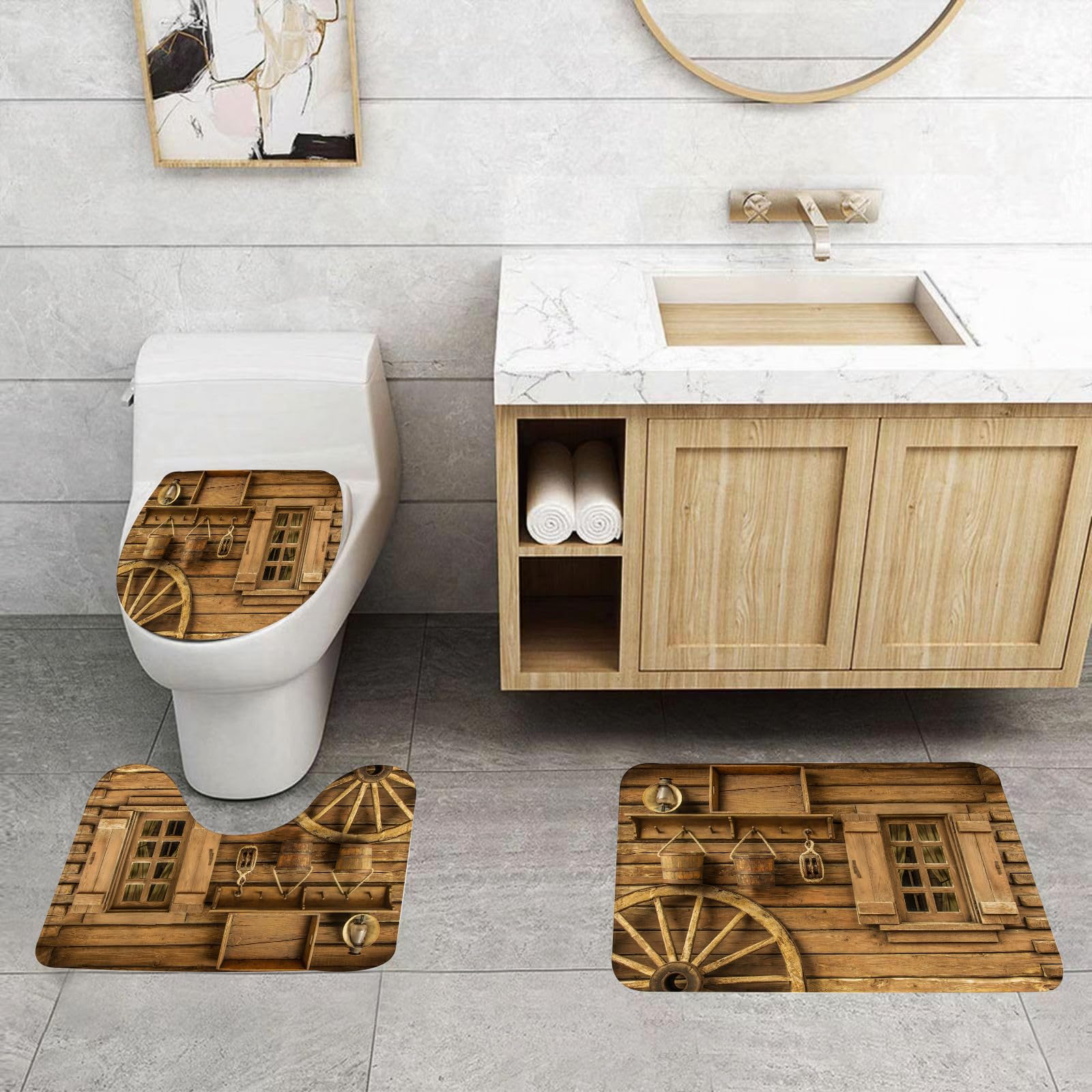 Set di 3 tappetini da Bagno, Lavabili in Lavatrice e Antiscivolo, in Morbida Fibra Superfine. L'Immagine raffigura la Porta d'ingresso dell'antico Bagno pubblico in Legno del Villa