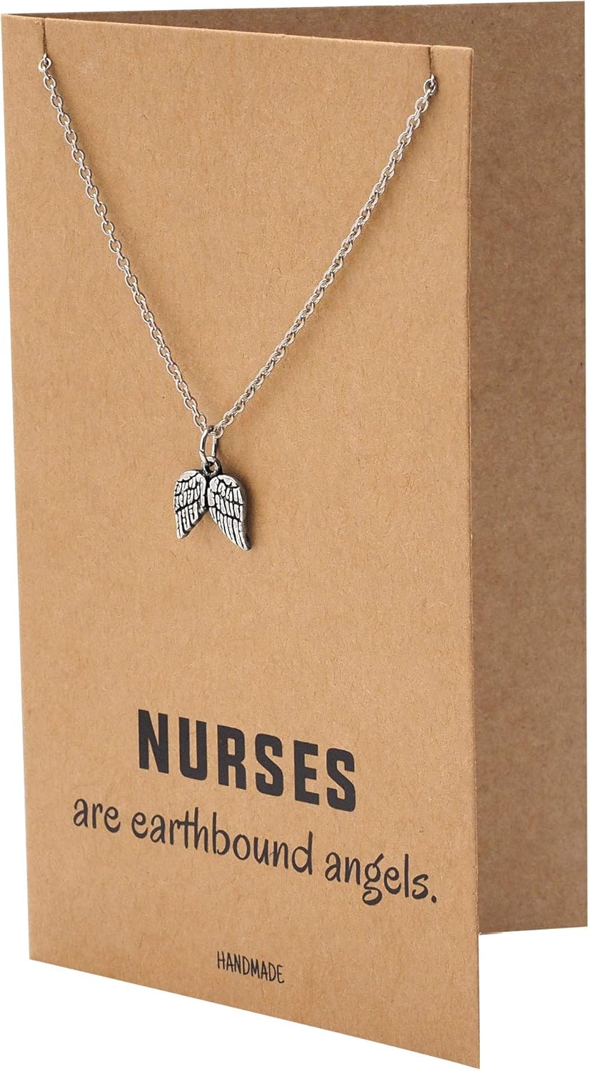 quan jewelry Angel Wings Pendant Necklace for Nurses with Inspirational Quote on Greeting Card, Angel Wing Necklace for Women, Adjustable from 16 to 18 inches