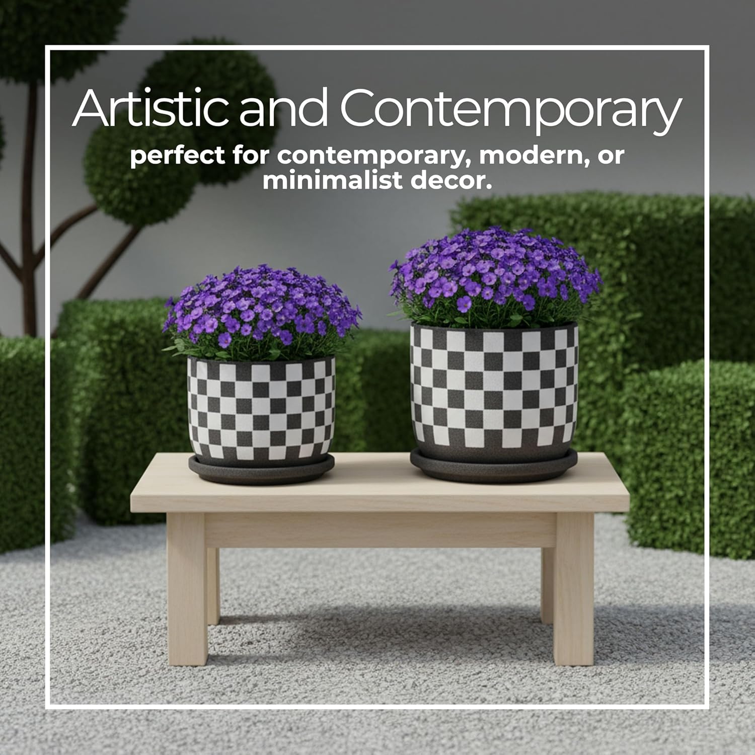 Set of 2 Checkerboard Saucer Planters – Ceramic Plant Pots - Decorative Pots for Plants - Ceramic & Stoneware – Indoor & Outdoor – Stylish Pot for Plants with Drainage - 5/6", Black & White