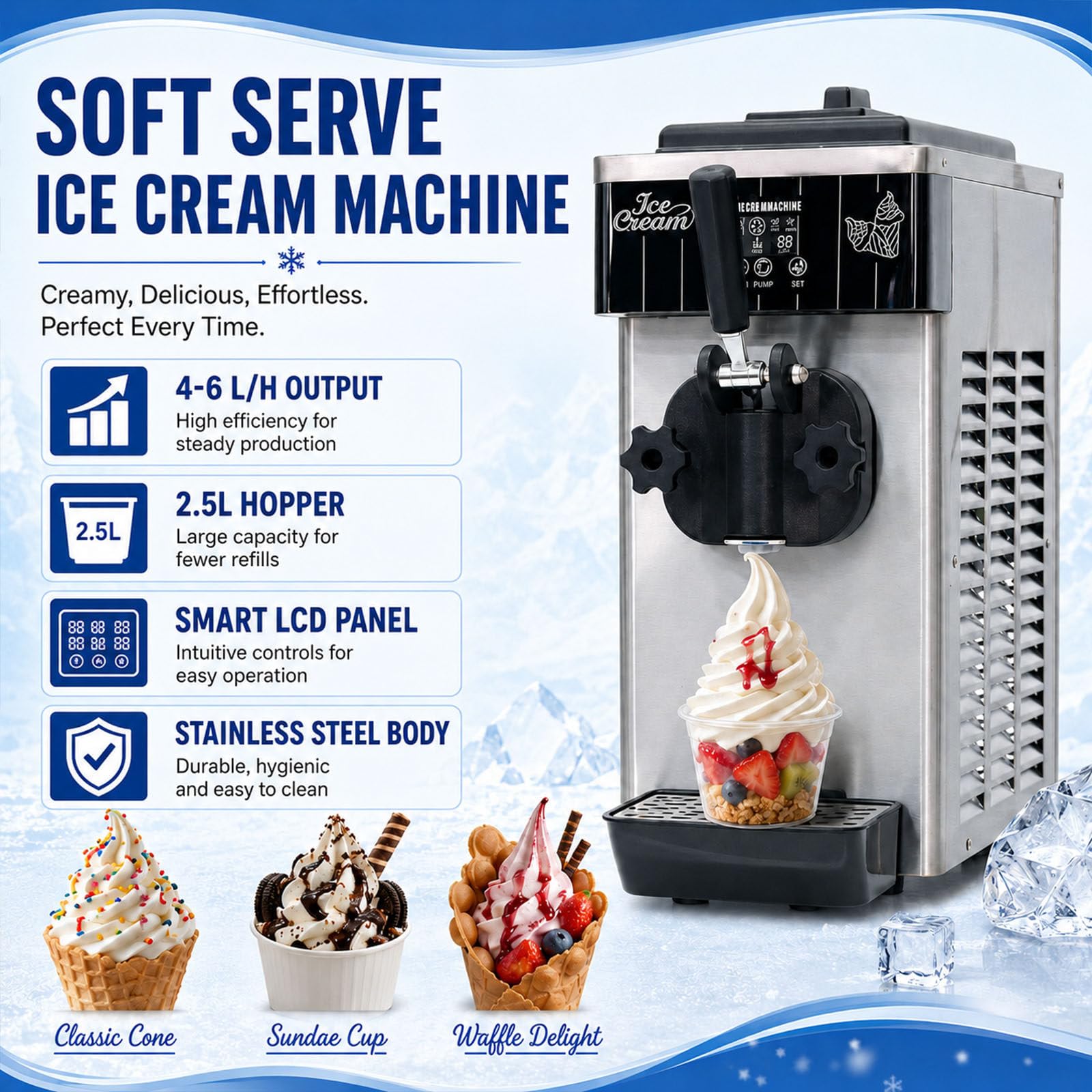 Máquina De Helado Suave, Máquina Eléctrica para Hacer Helado Suave, Máquina De Sobremesa De Un Solo Sabor, Enfriamiento Rápido, Cuerpo De Acero Inoxidable, Salida De 4-6 L,Tolva De 2,5 L