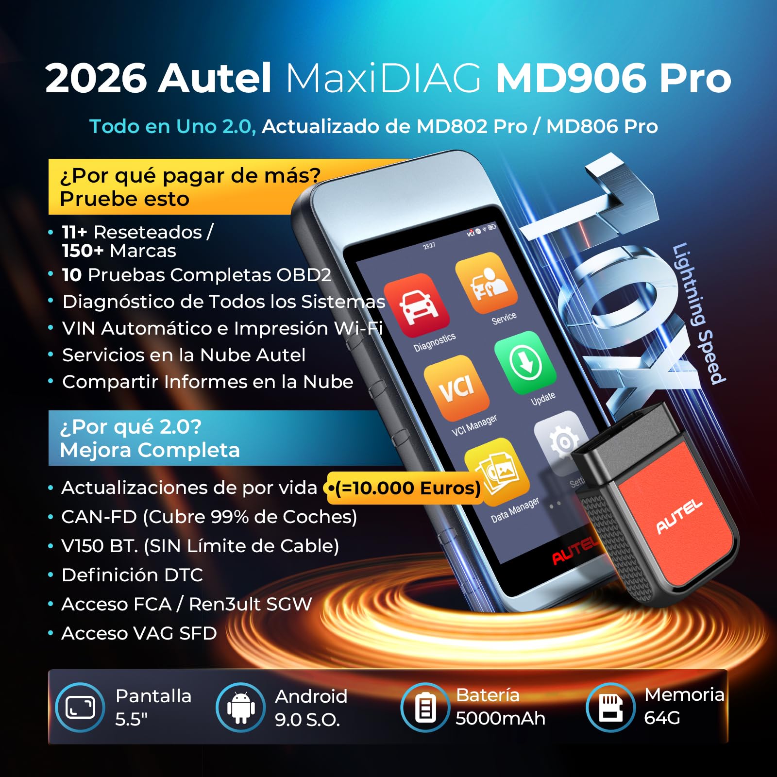 Autel MaxiDiag MD906PRO Diagnosis Coche Multimarca: 2025 Bluetooth Ver. de MaxiCOM MK808S MX808S, Sucesor de MD808PRO MD806 OBD2 Maquina Diagnosis, FCA SGW CAN FD,11 Servicio, Sin Cargo de Suscripción