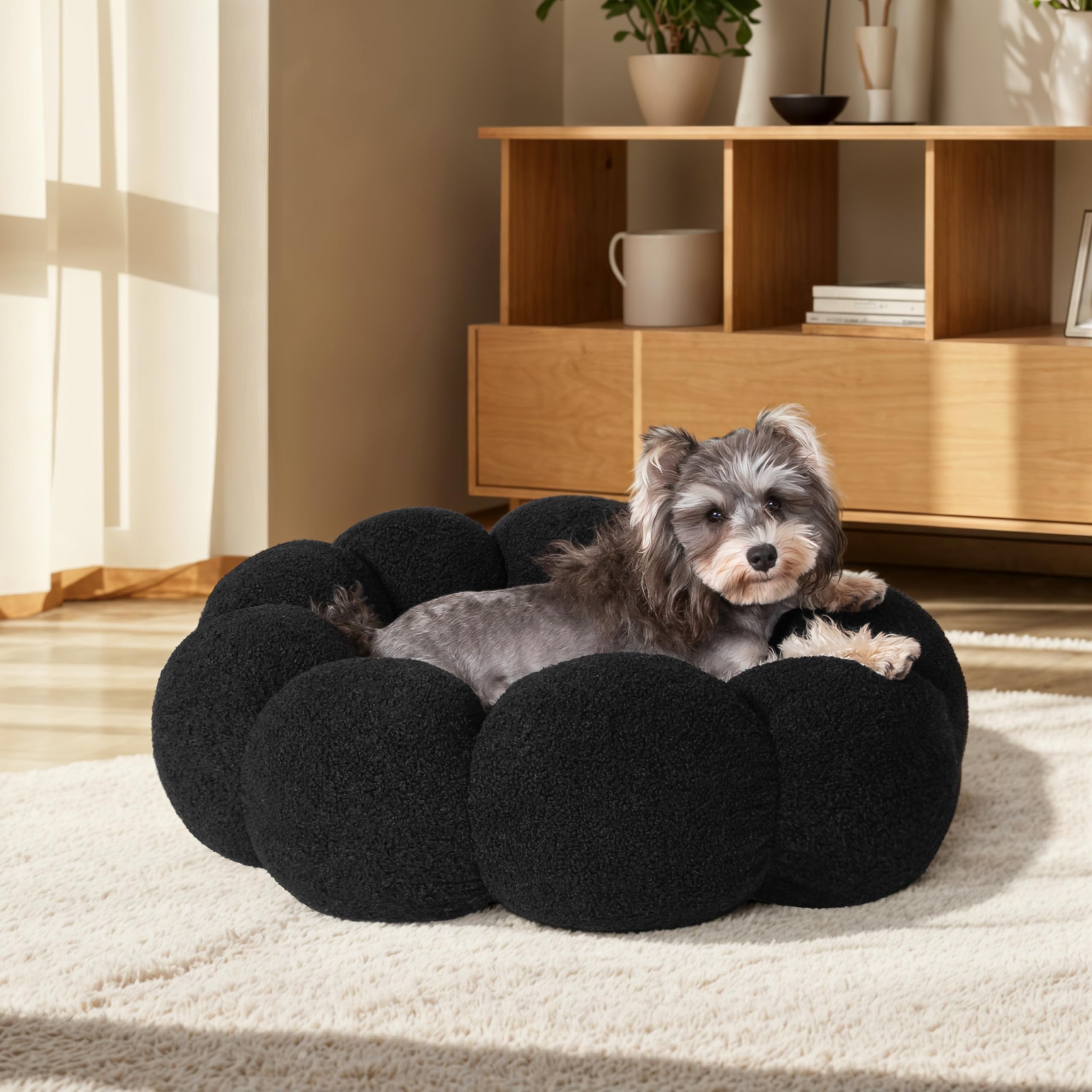 WESTERN HOME WH Calming Dog Beds for Medium Dogs-Fluffy Flower Cat&Dog Bed in Plush Teddy Sherpa, Round Donut Cuddler Medium Dog Bed, Non-Slip Machine Washable Pet Bed Fits up to 35 lbs, Black 27"